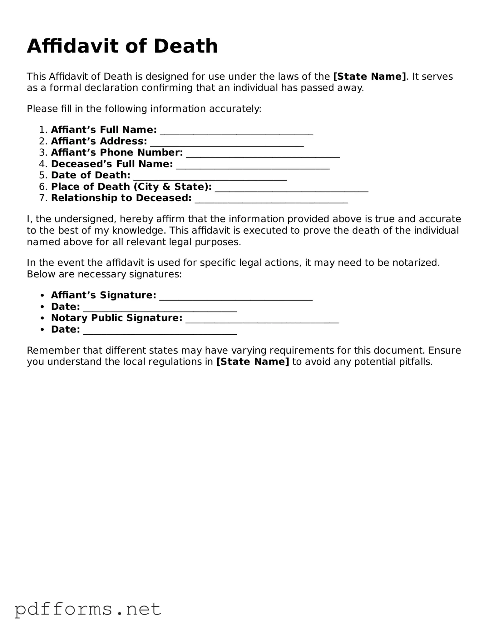Official Affidavit of Death Template