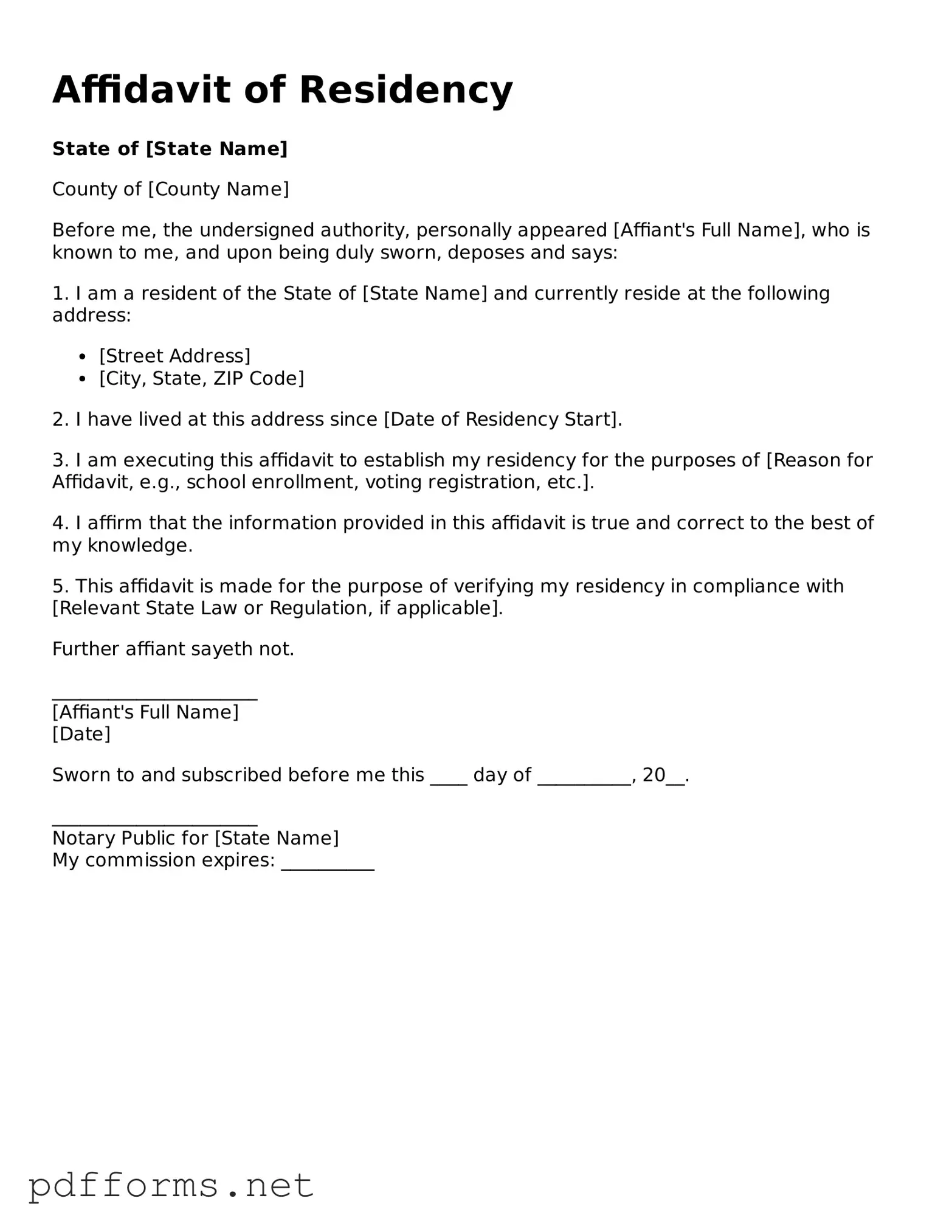 Official Affidavit of Residency Template