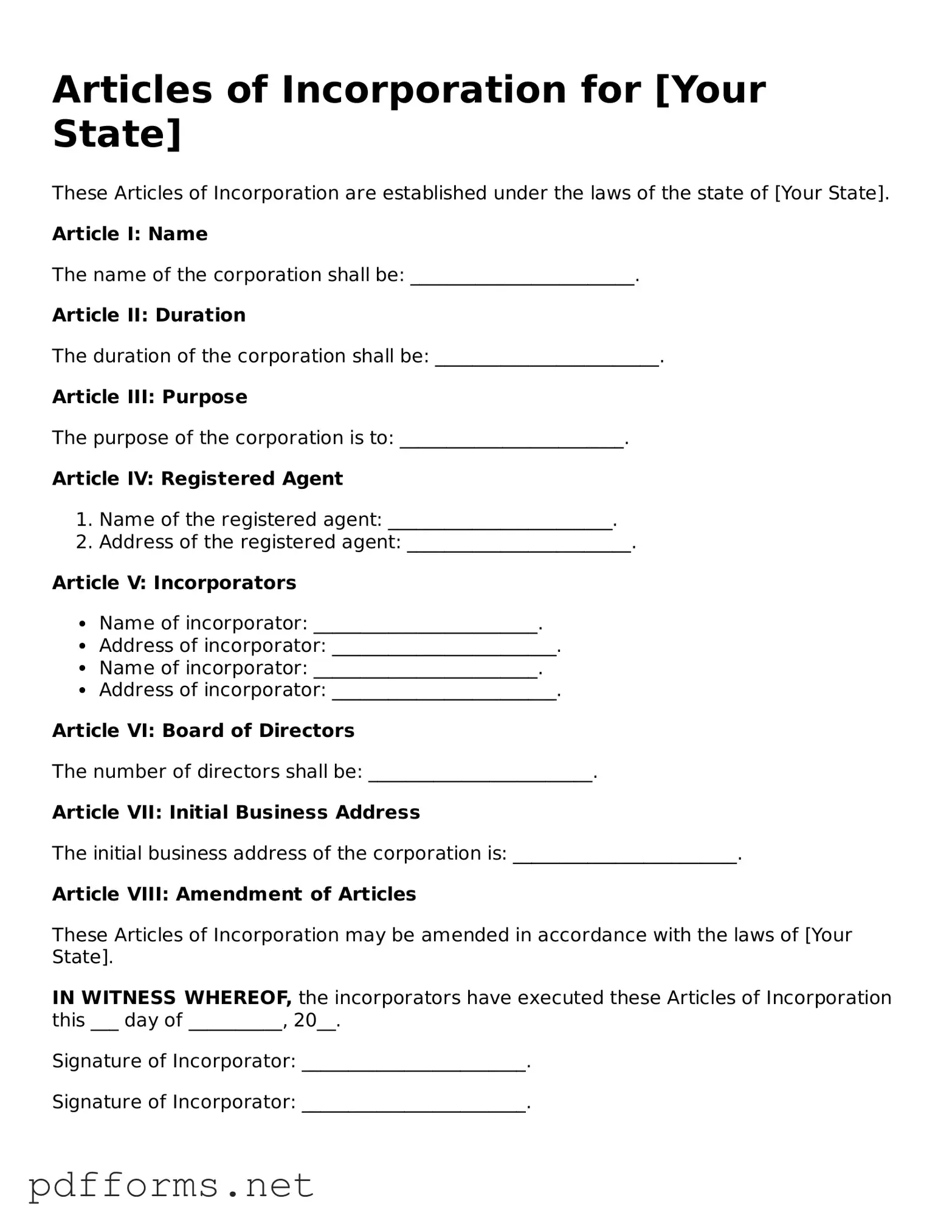 Official Articles of Incorporation Template