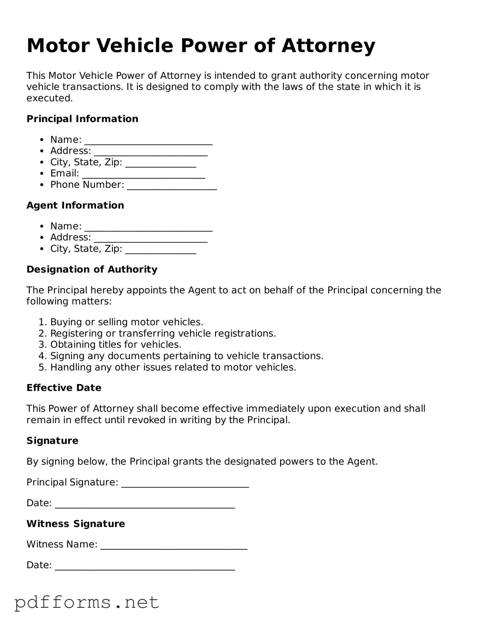Official Motor Vehicle Power of Attorney Template