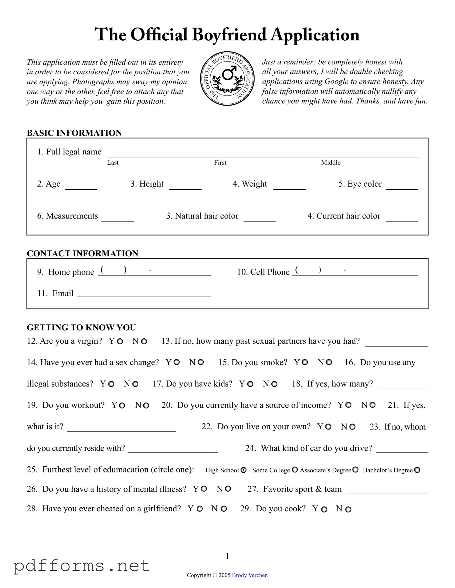 Download Boyfriend application form Template