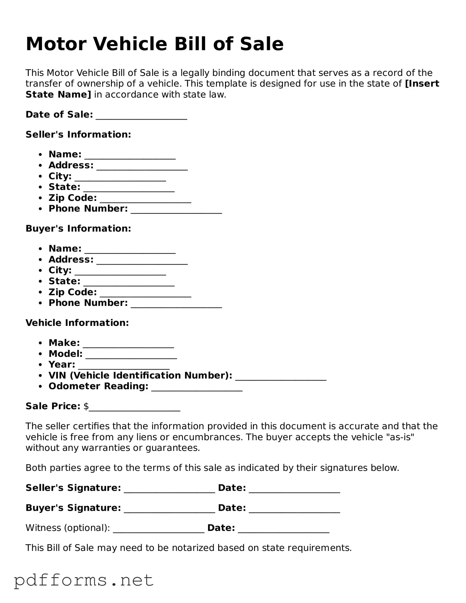 Official Motor Vehicle Bill of Sale Template