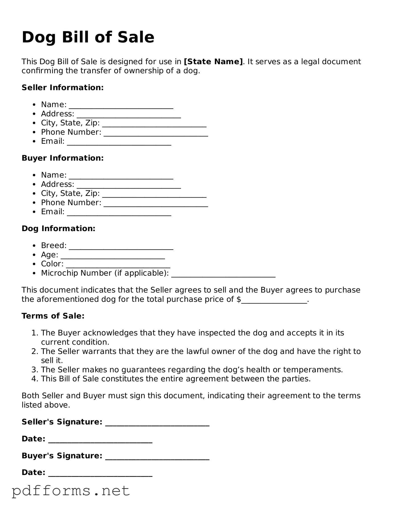 Official Dog Bill of Sale Template