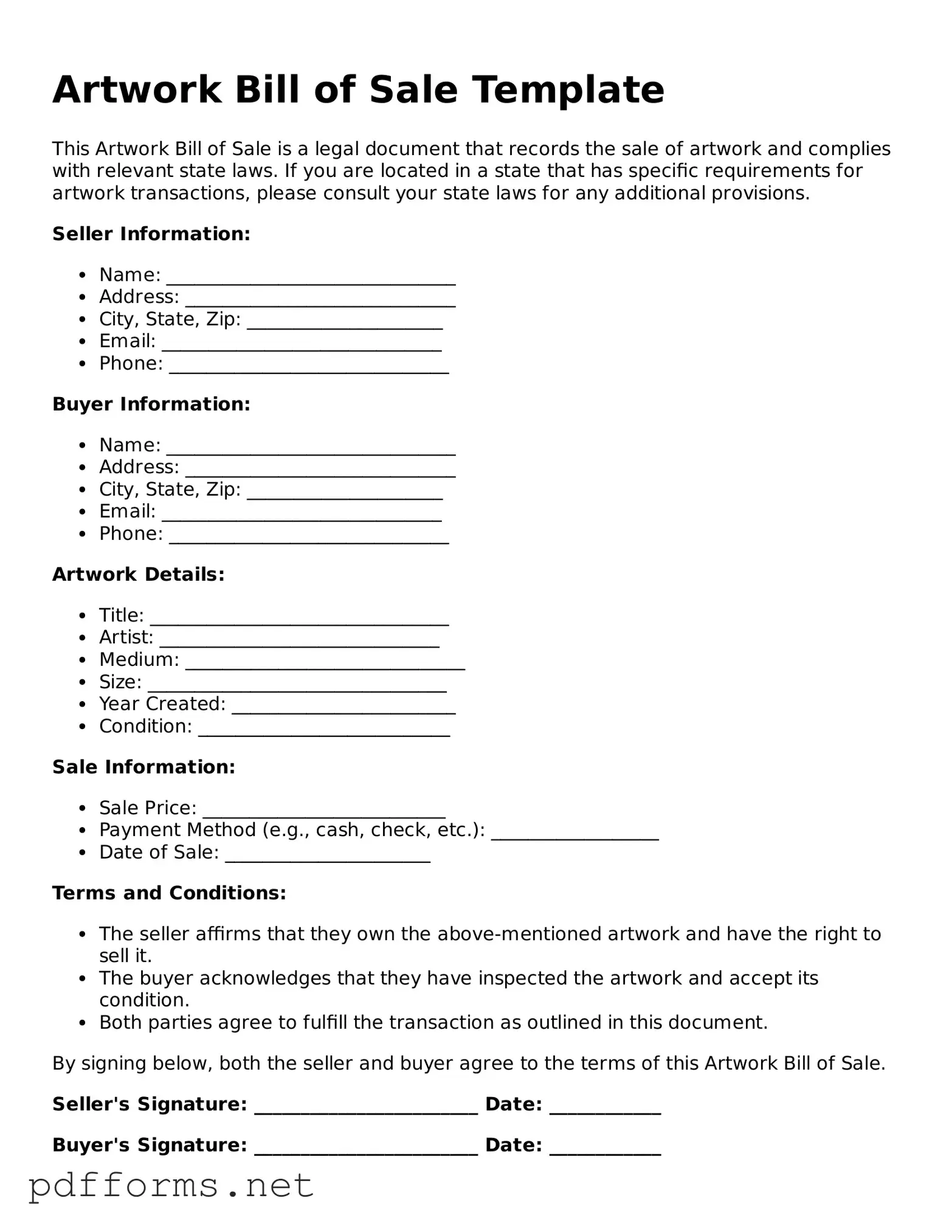 Official Artwork Bill of Sale Template