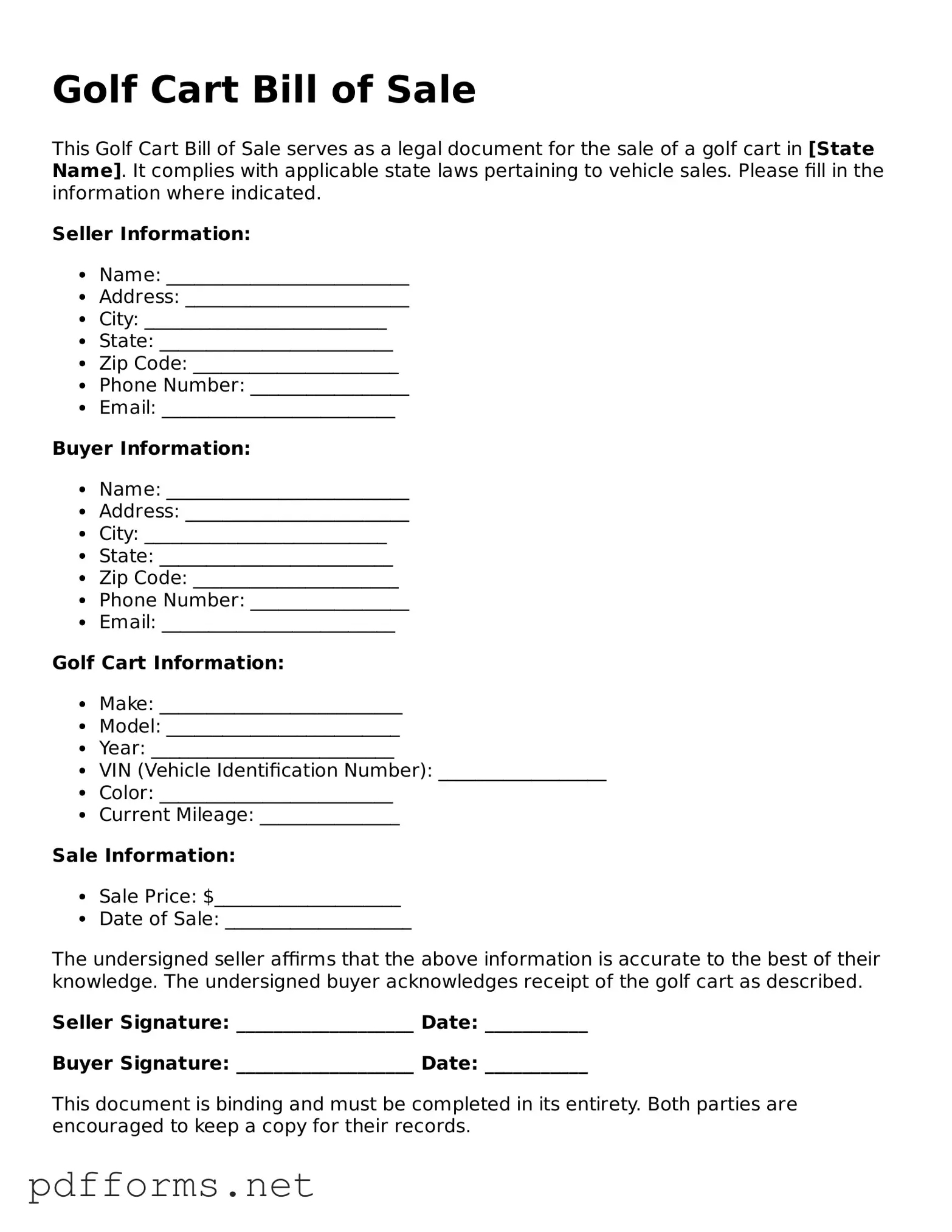 Official Golf Cart Bill of Sale Template