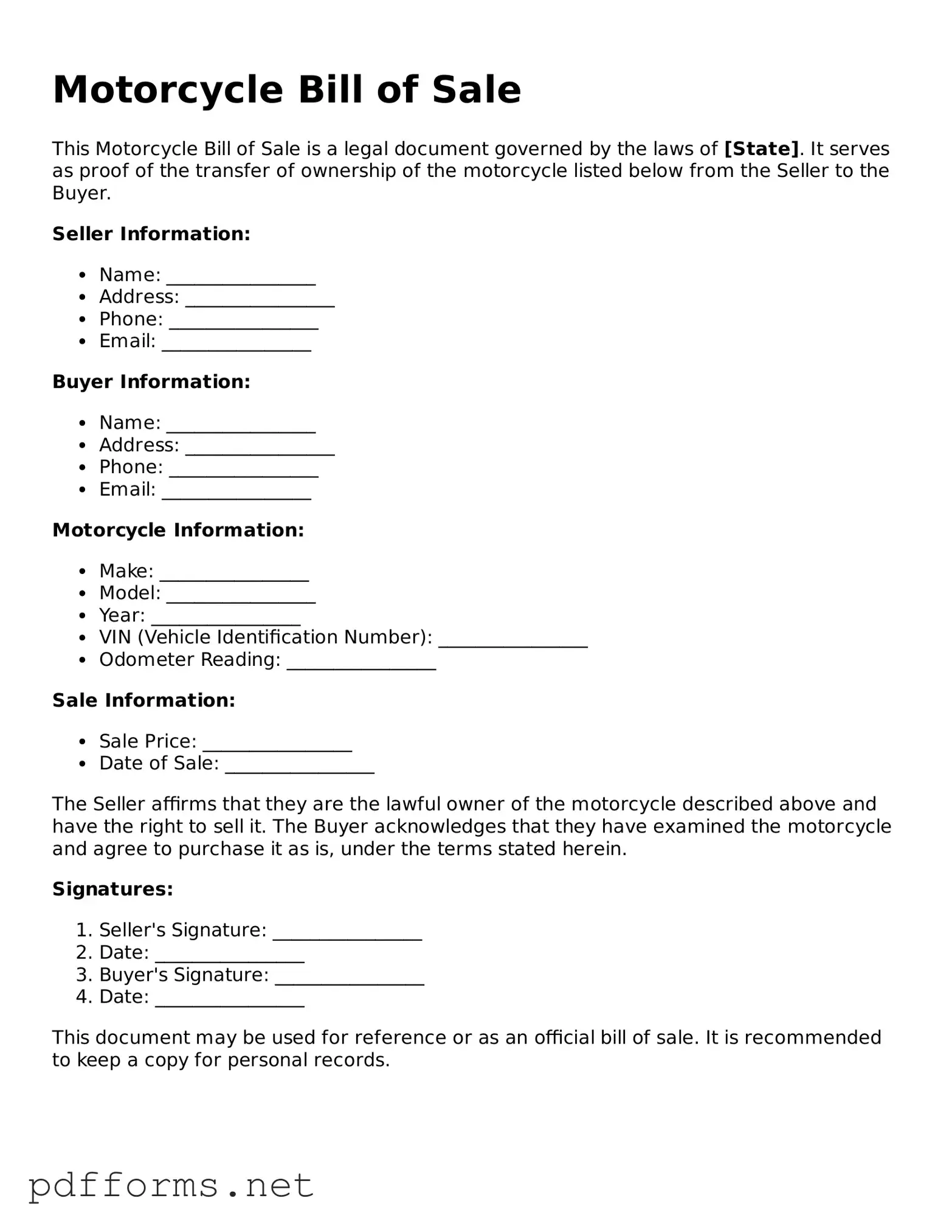 Official Motorcycle Bill of Sale Template