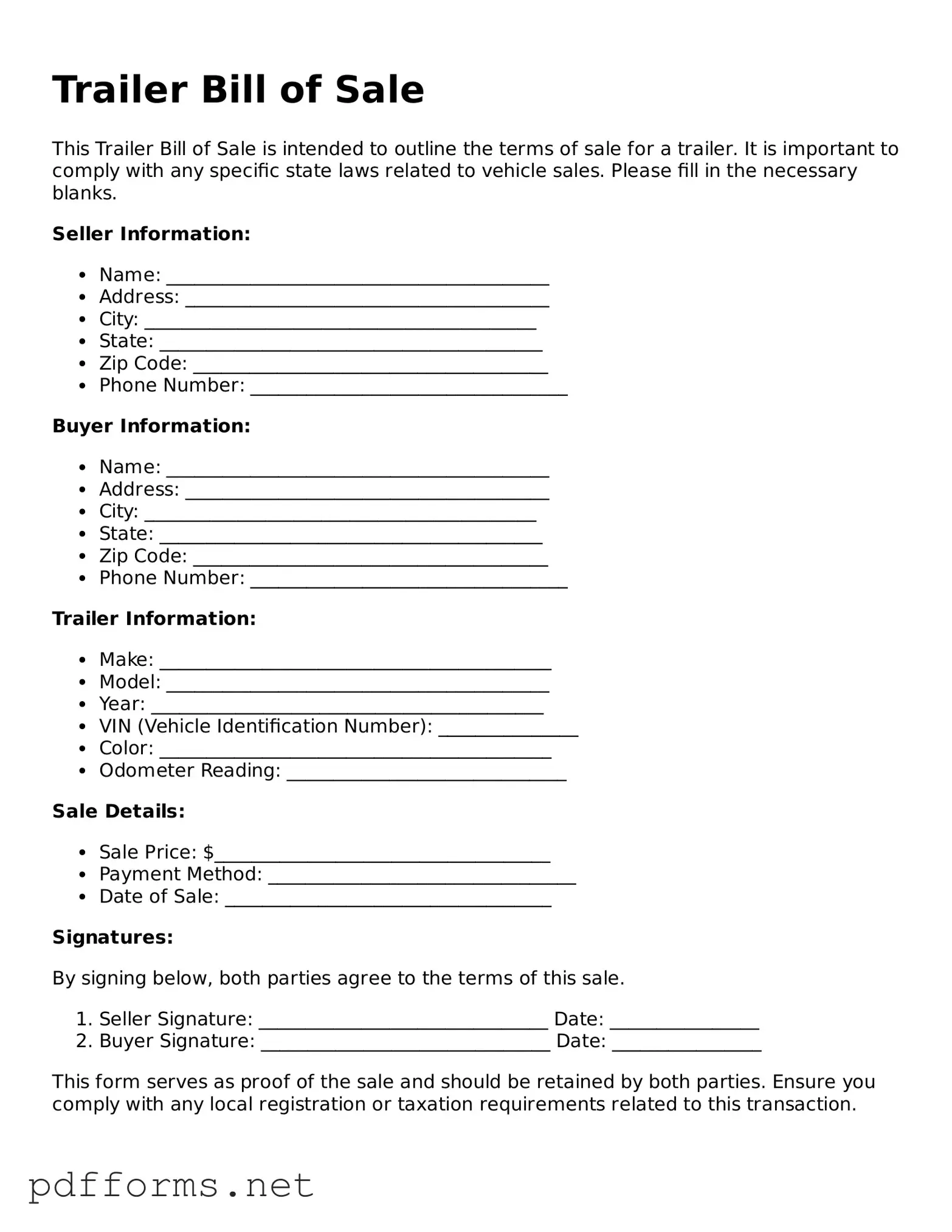 Official Trailer Bill of Sale Template