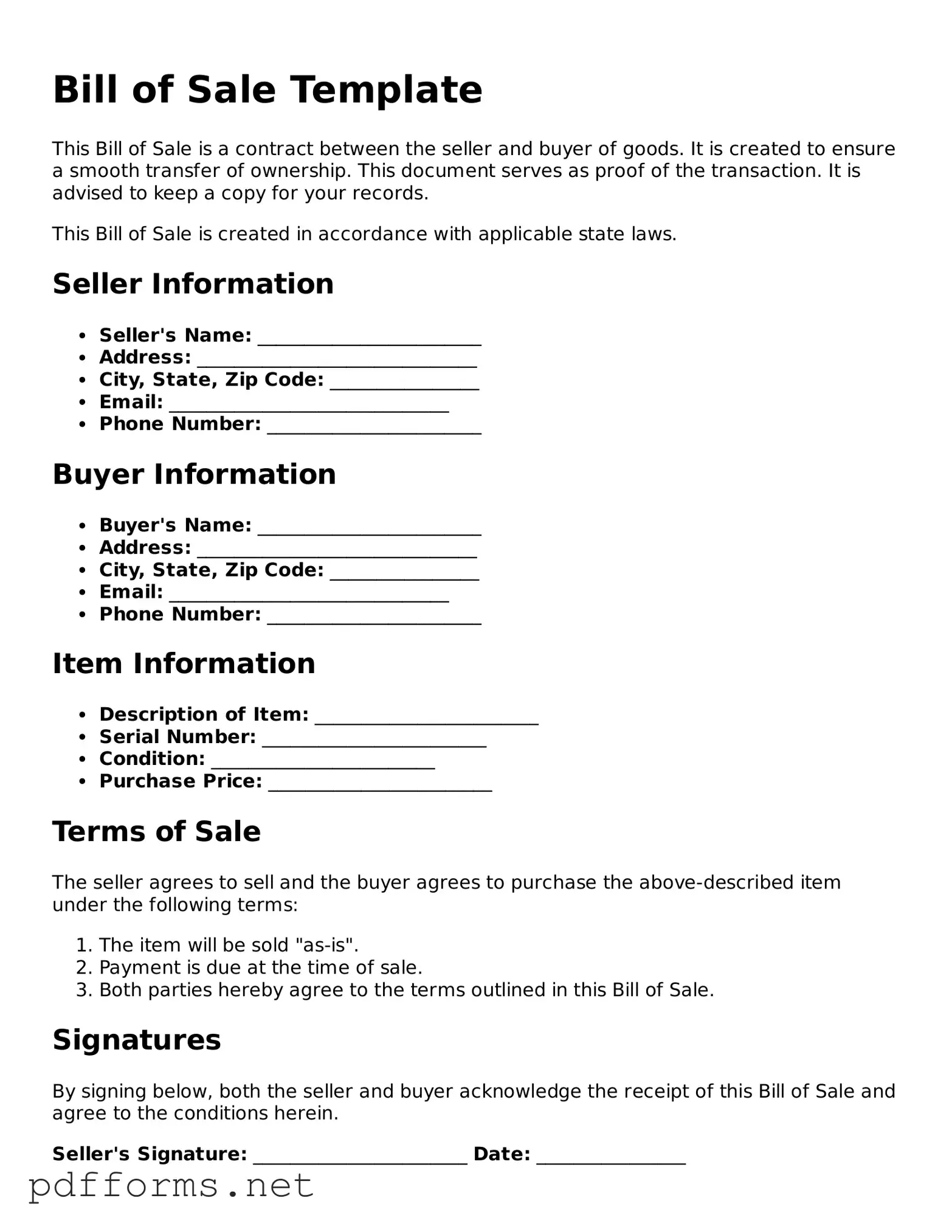 Official Bill of Sale Template