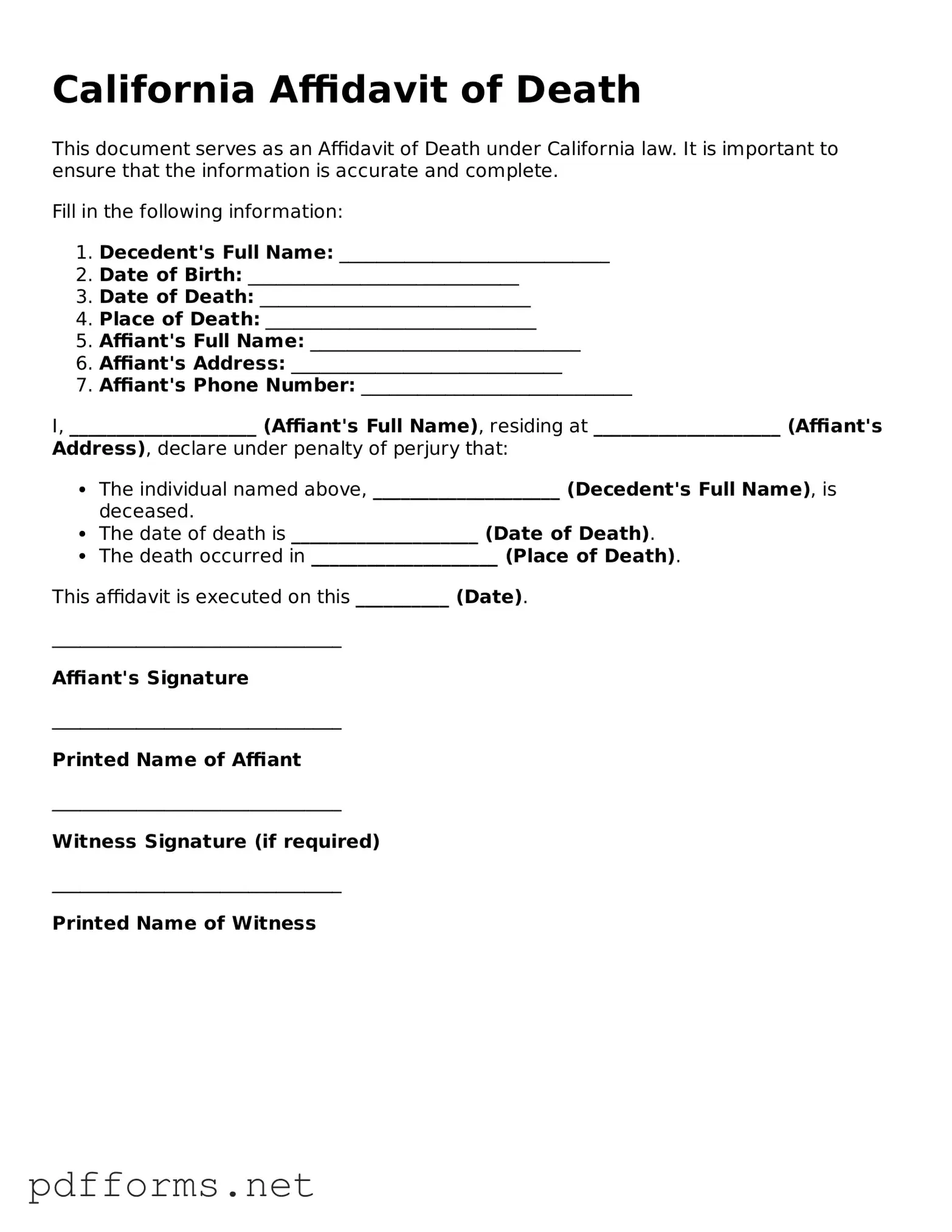 Free  Affidavit of Death Document for California