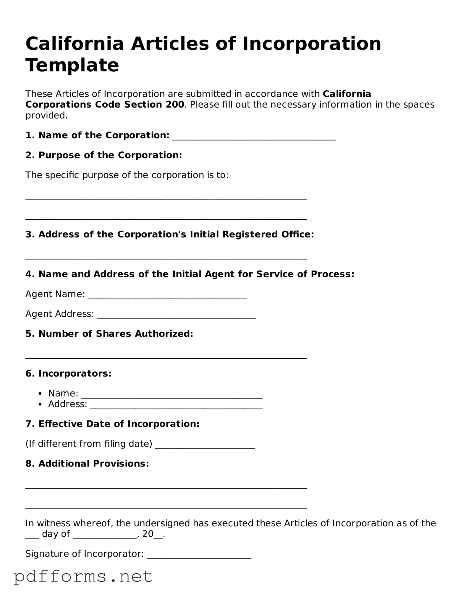 Free  Articles of Incorporation Document for California