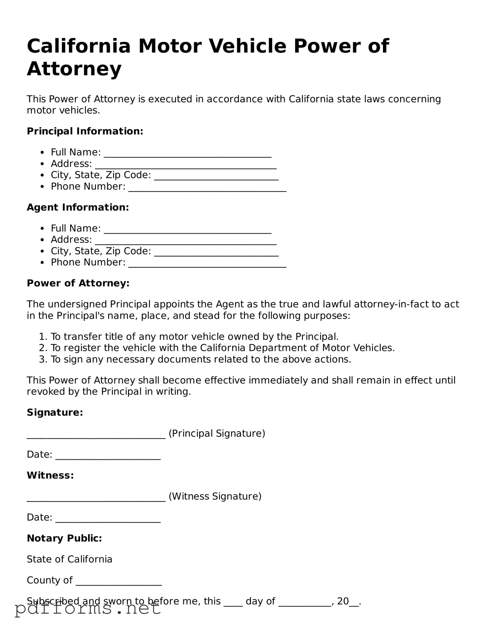 Free  Motor Vehicle Power of Attorney Document for California