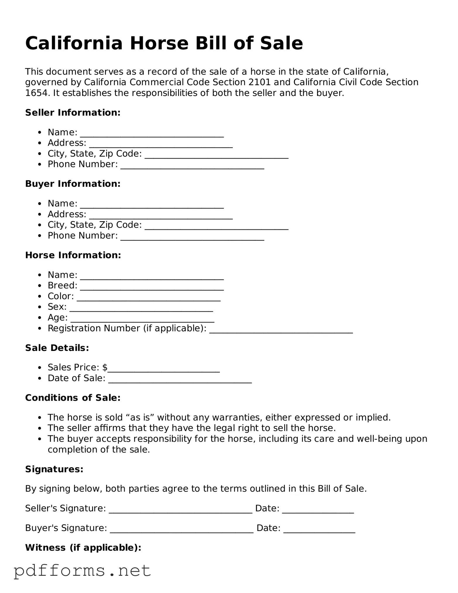Free  Horse Bill of Sale Document for California