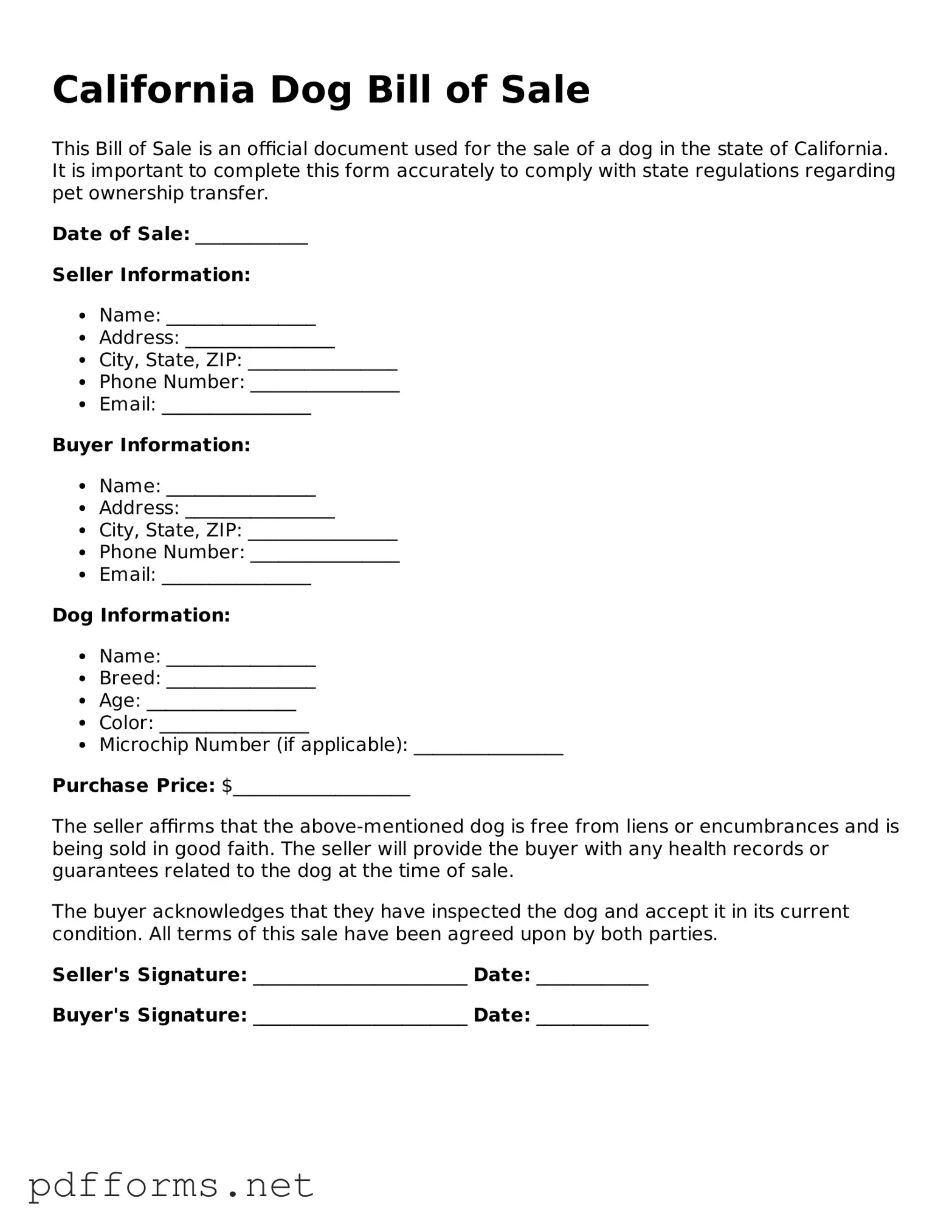 Free  Dog Bill of Sale Document for California