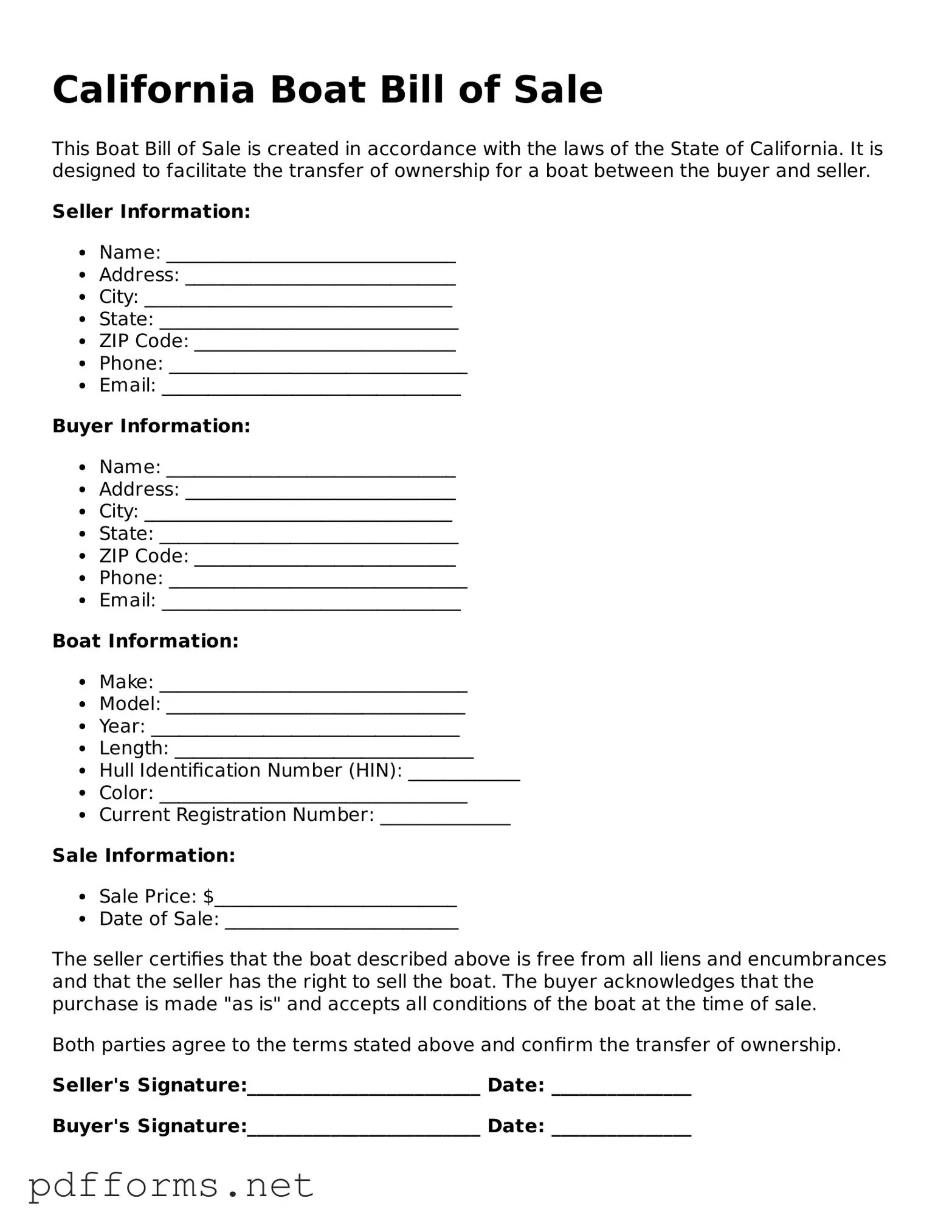 Free  Boat Bill of Sale Document for California