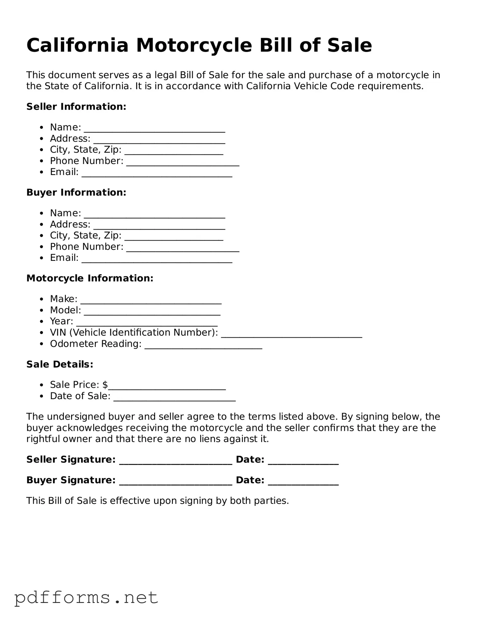 Free  Motorcycle Bill of Sale Document for California