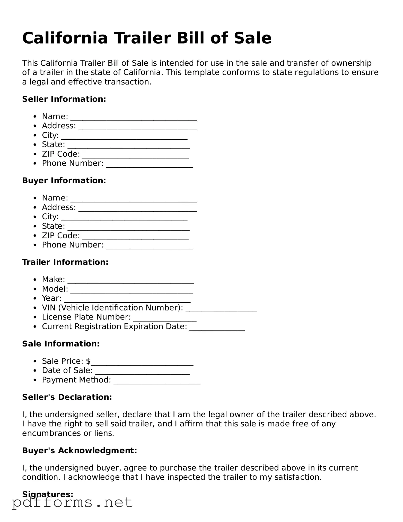 Free  Trailer Bill of Sale Document for California