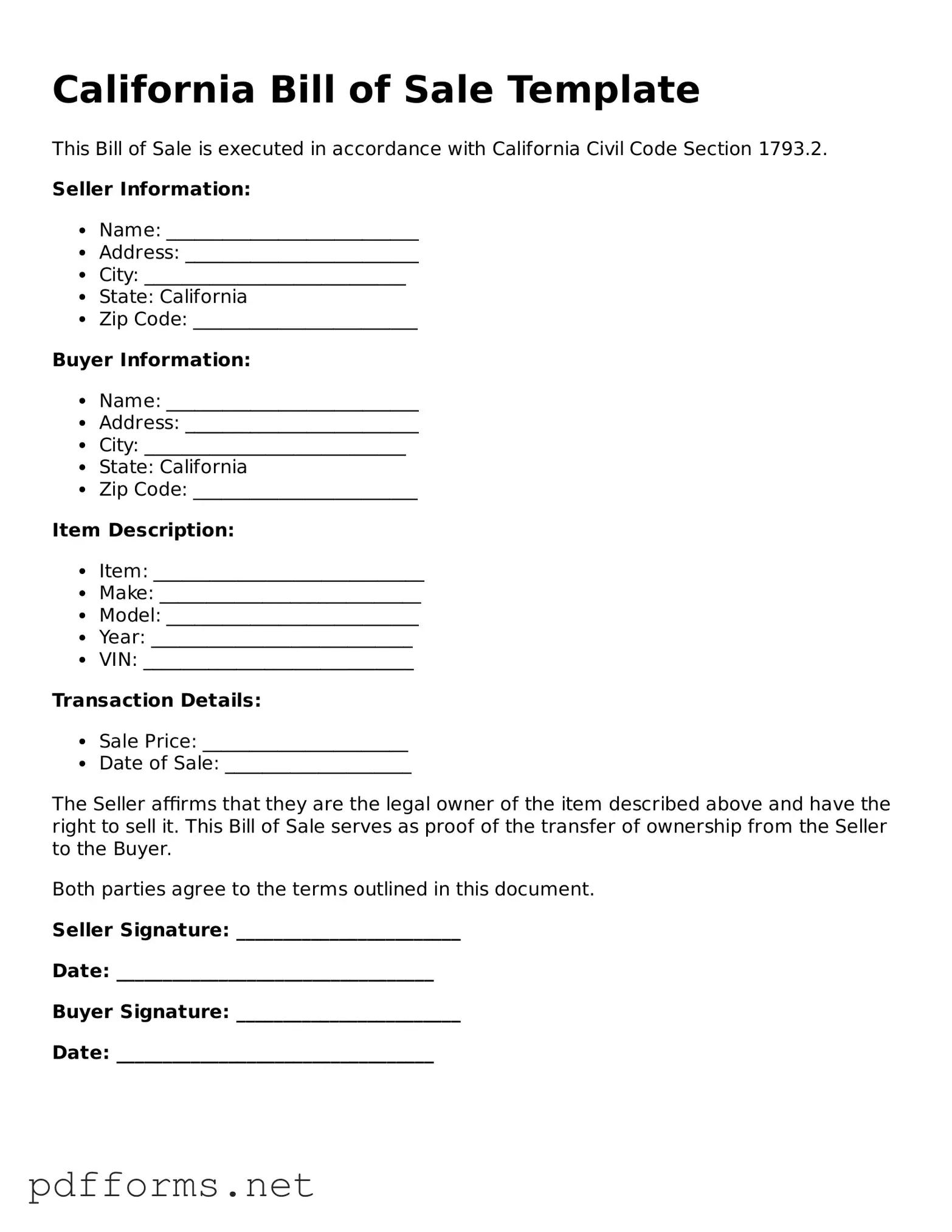 Free  Bill of Sale Document for California