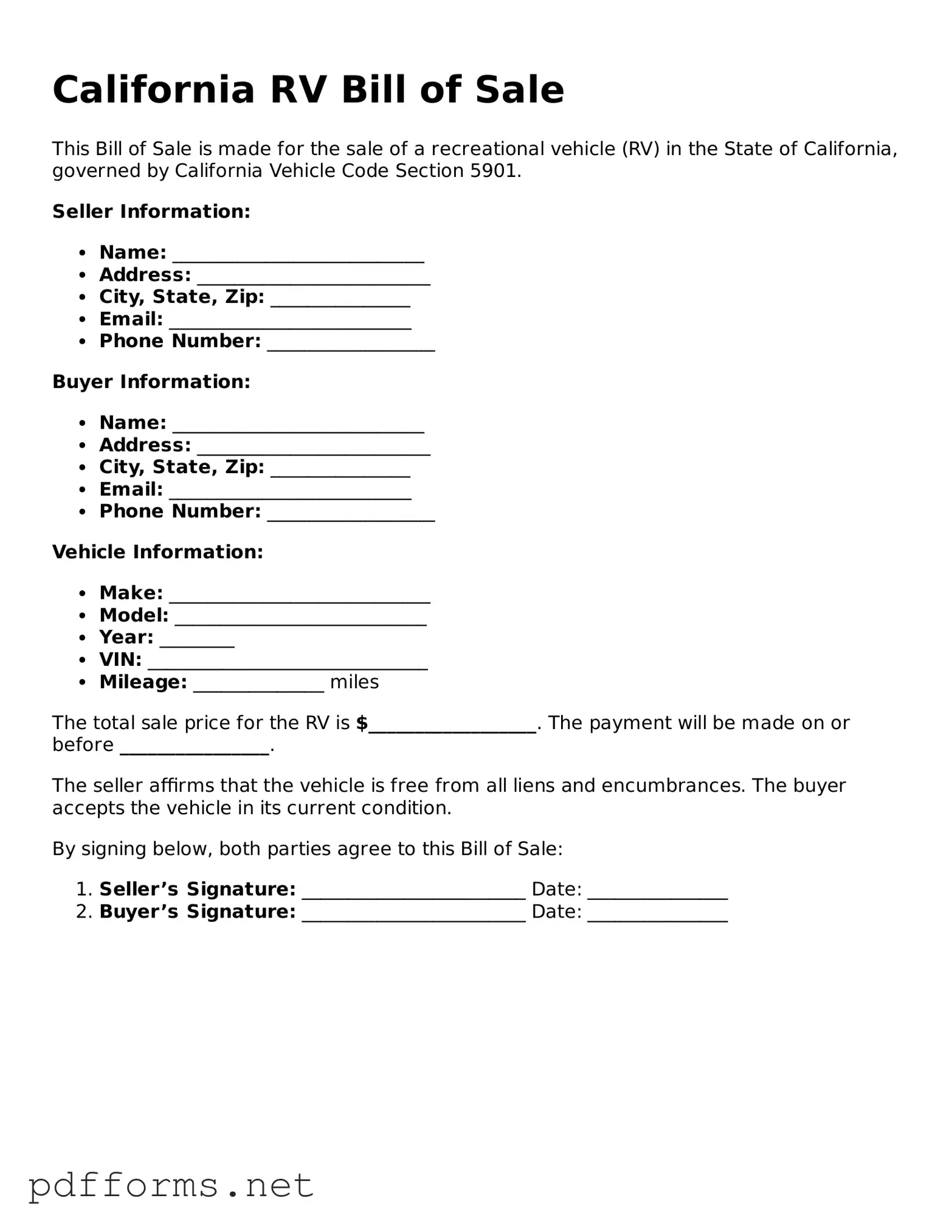 Free  RV Bill of Sale Document for California
