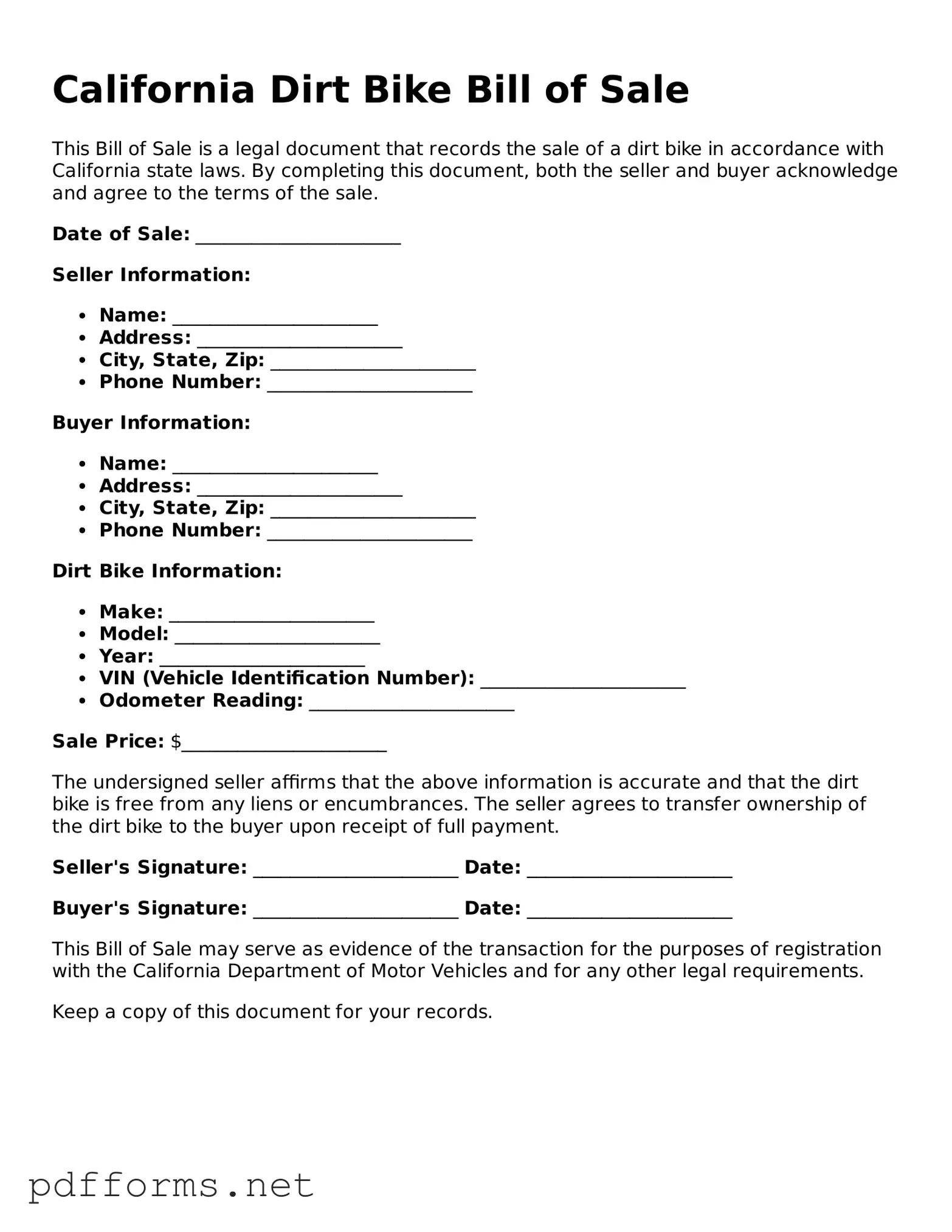 Free  Dirt Bike Bill of Sale Document for California