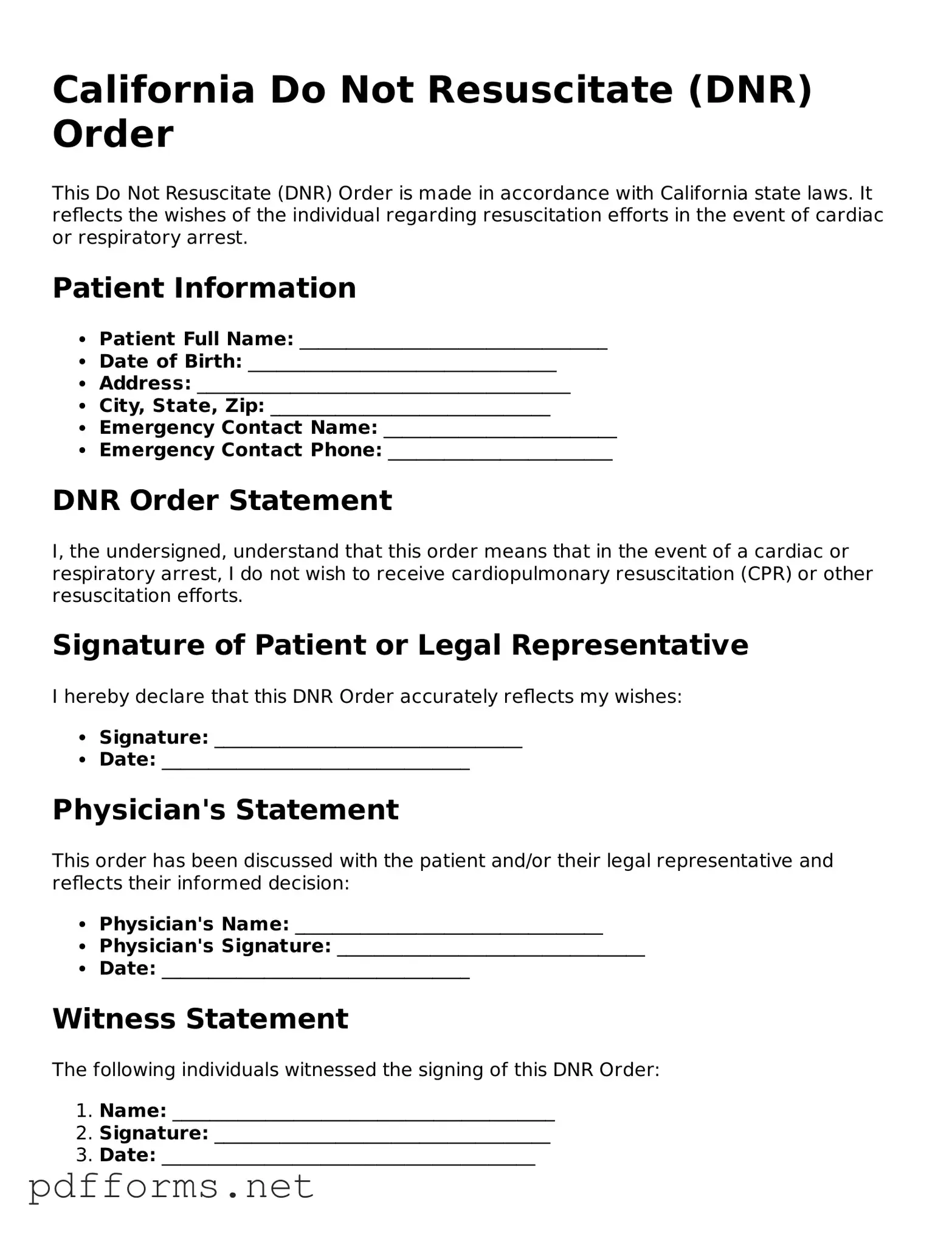 Free  Do Not Resuscitate Order Document for California