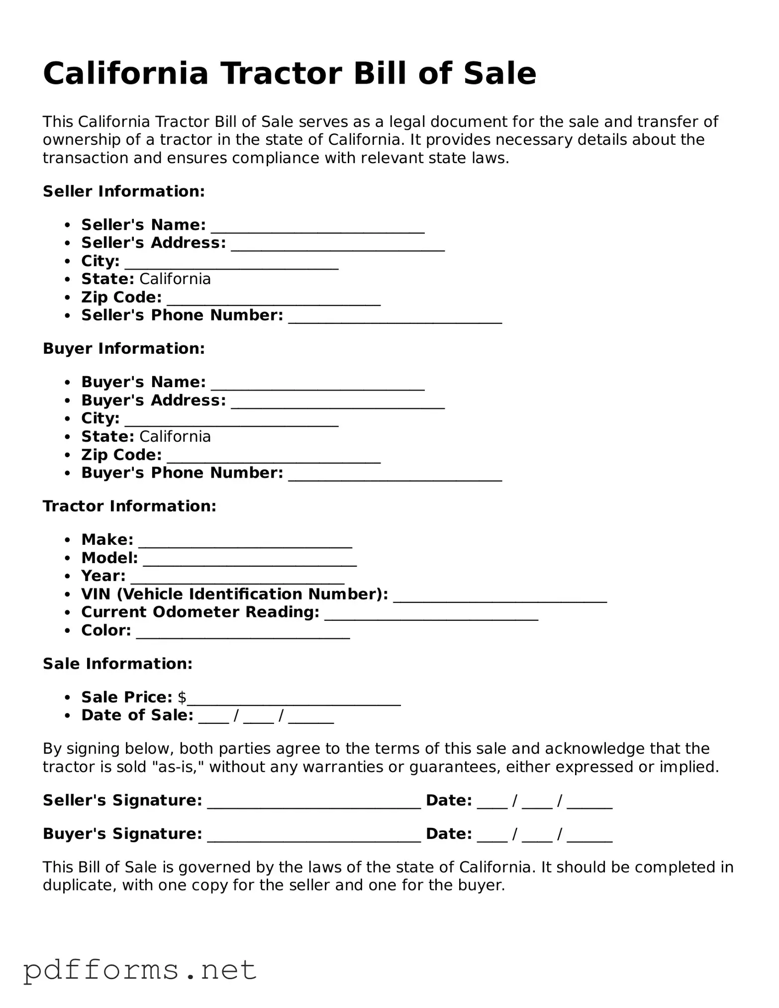 Free  Tractor Bill of Sale Document for California