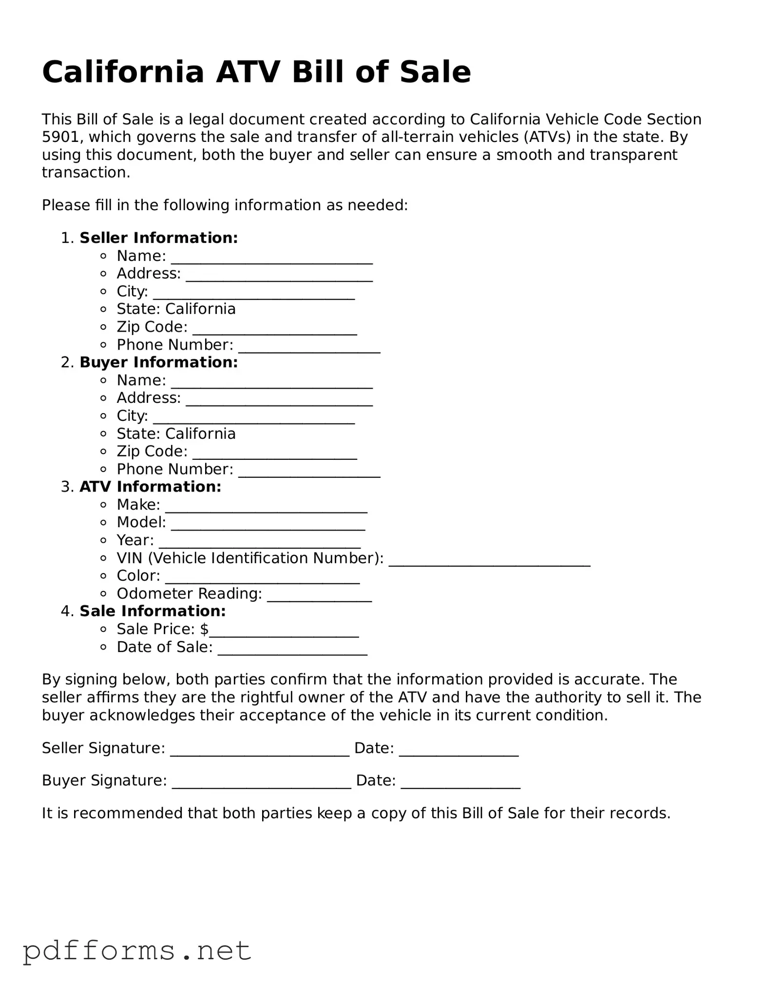Free  ATV Bill of Sale Document for California