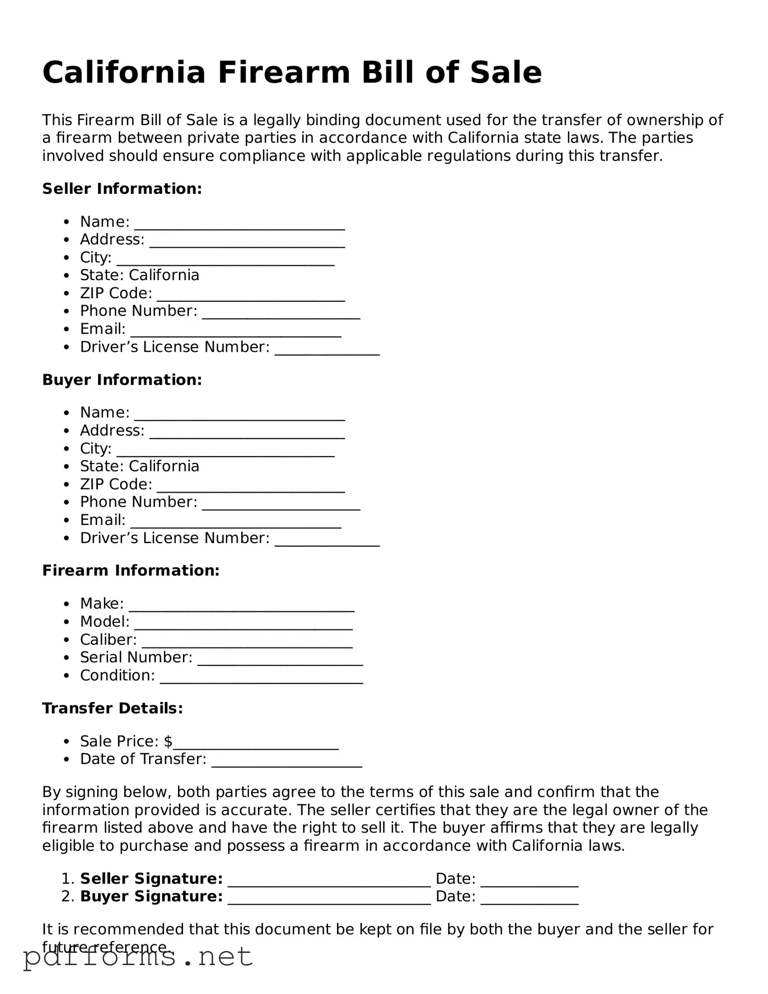Free  Firearm Bill of Sale Document for California