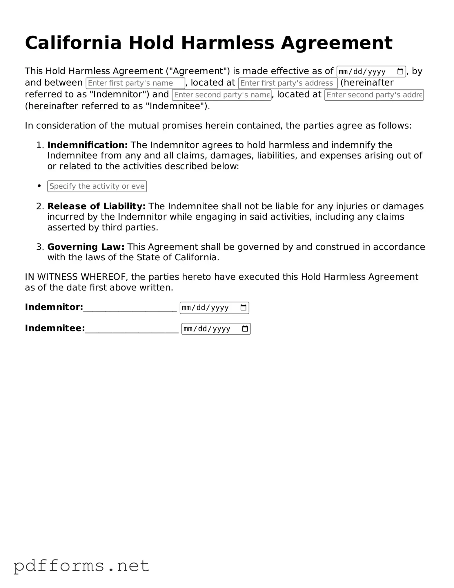 Free  Hold Harmless Agreement Document for California