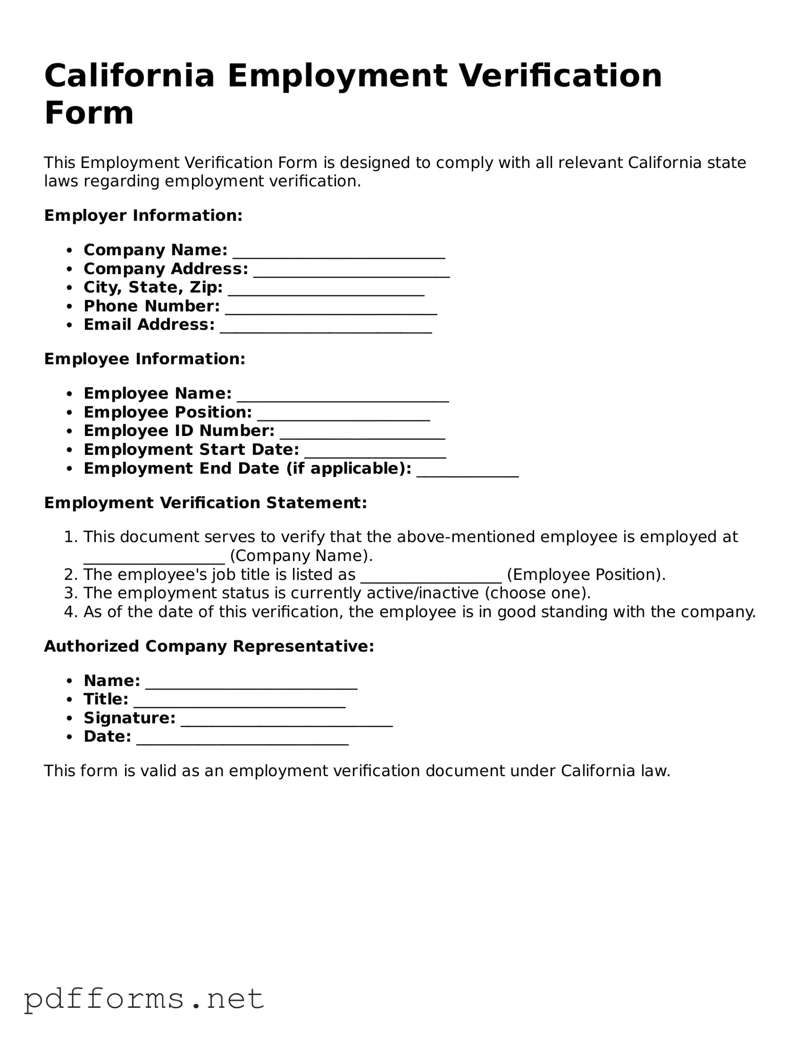 Free  Employment Verification Document for California