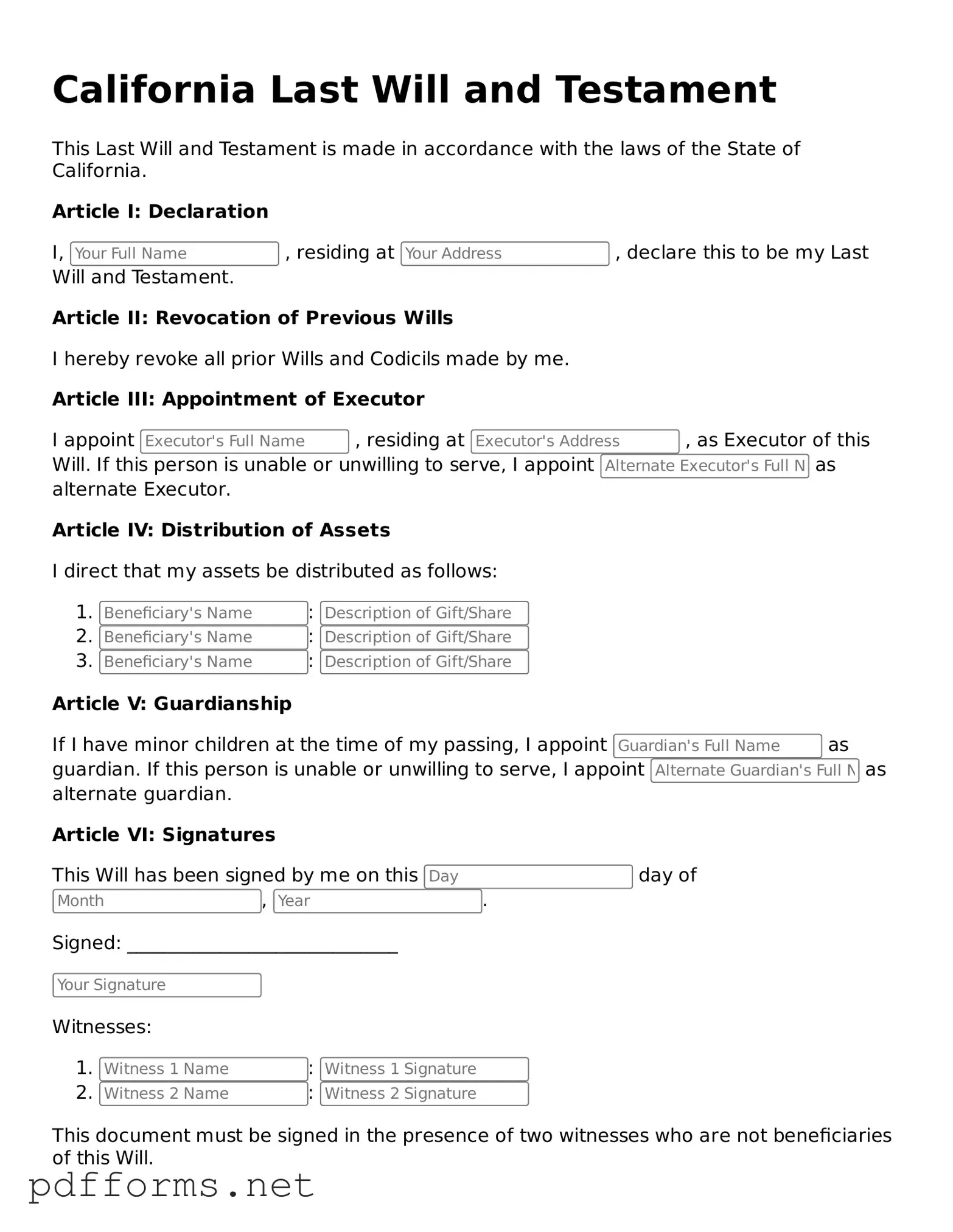 Free  Last Will and Testament Document for California