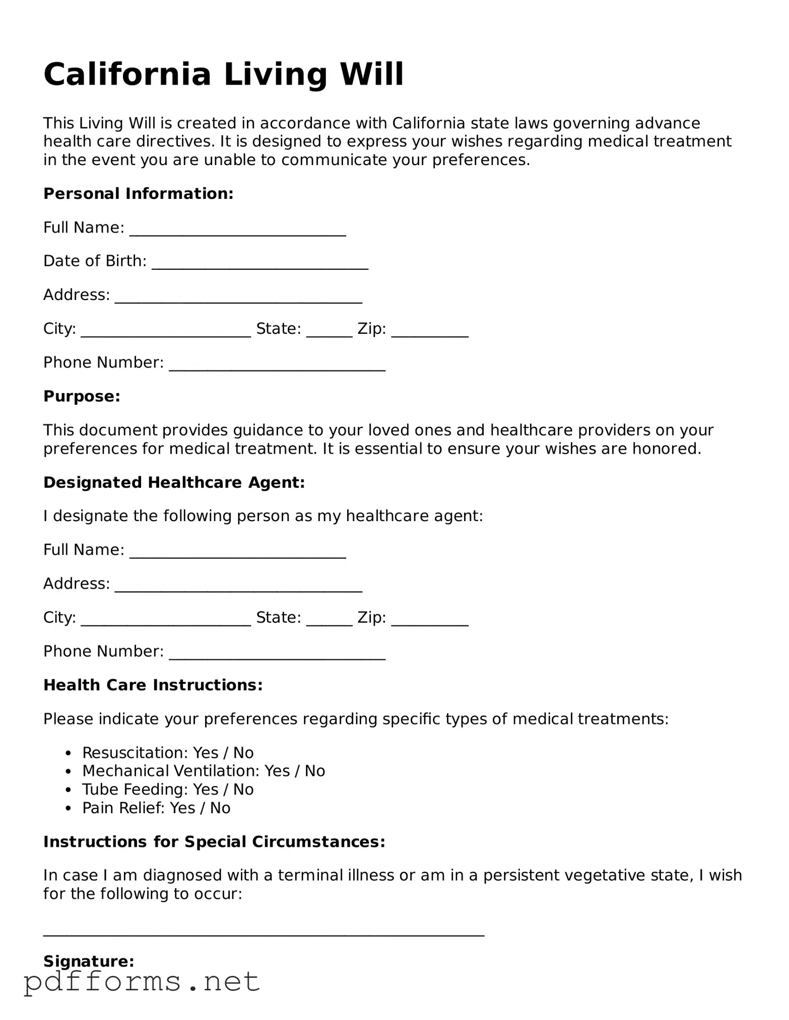 Free  Living Will Document for California