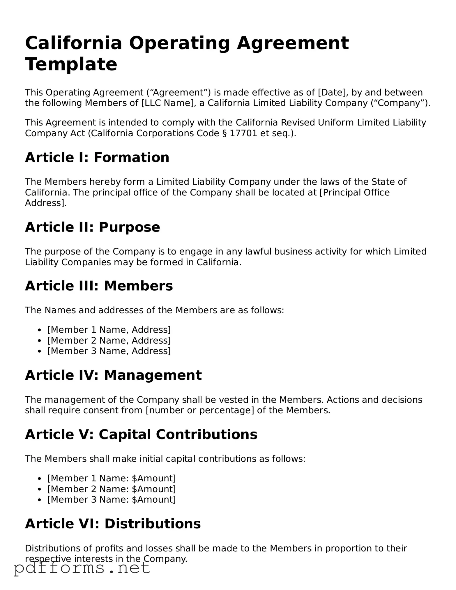 Free  Operating Agreement Document for California