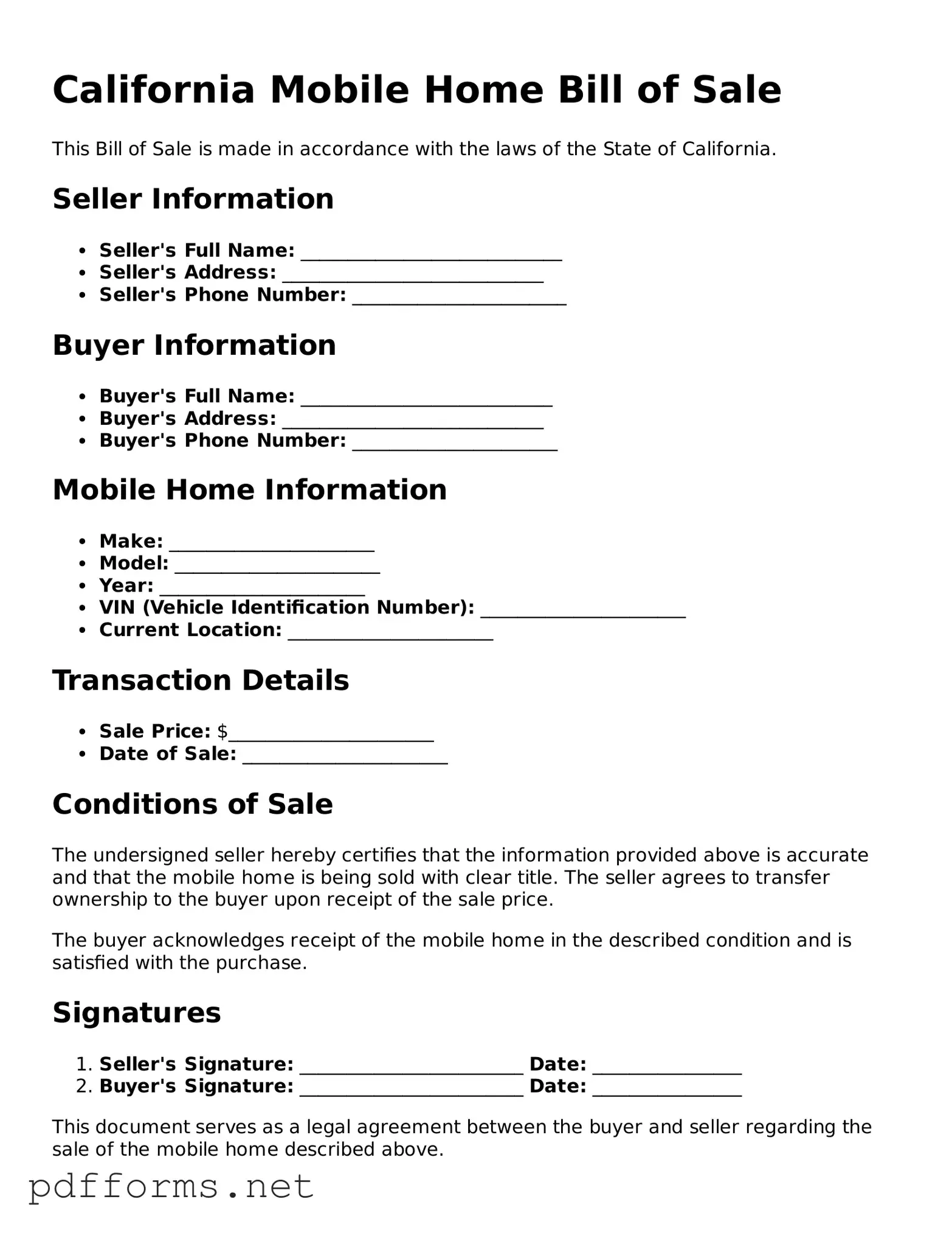 Free  Mobile Home Bill of Sale Document for California