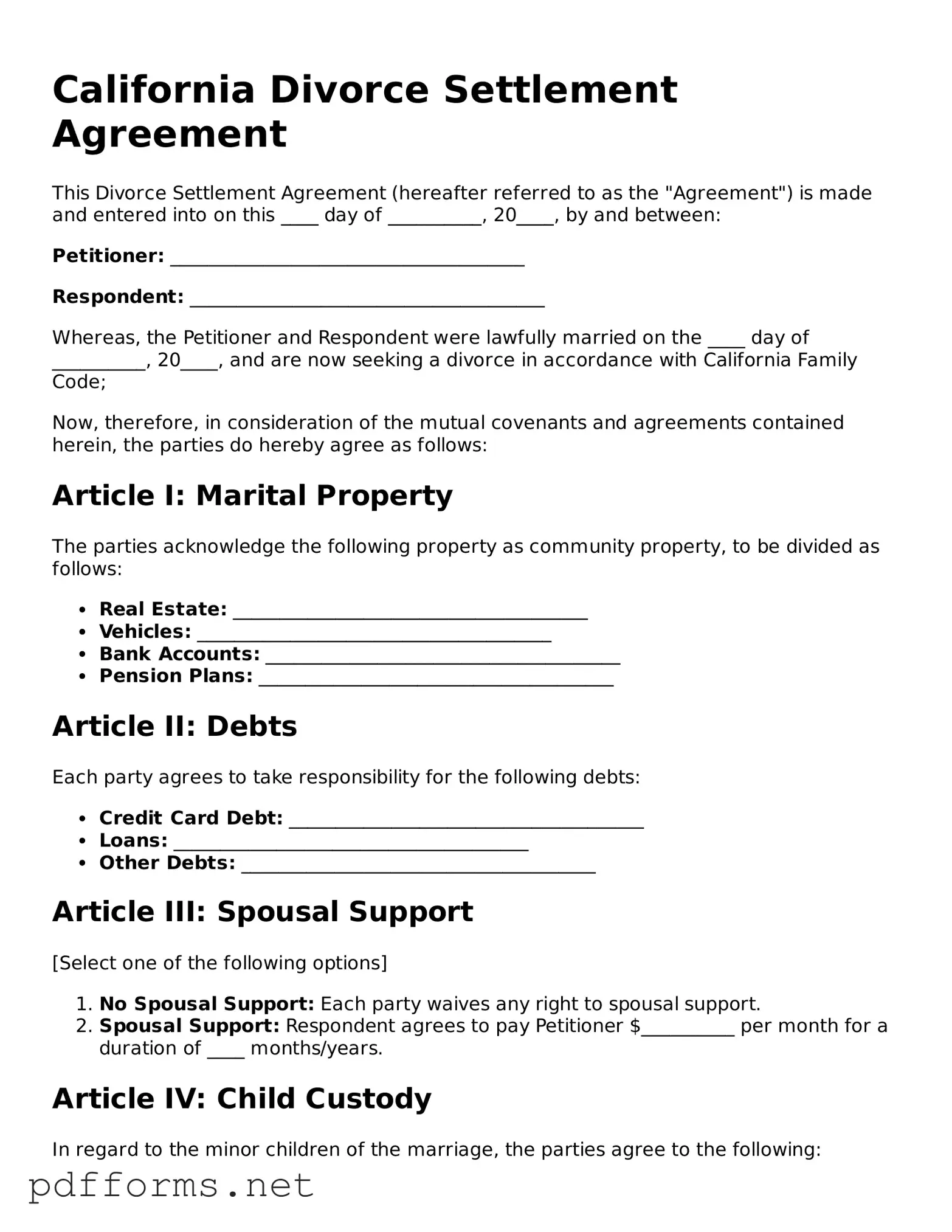 Free  Divorce Settlement Agreement Document for California