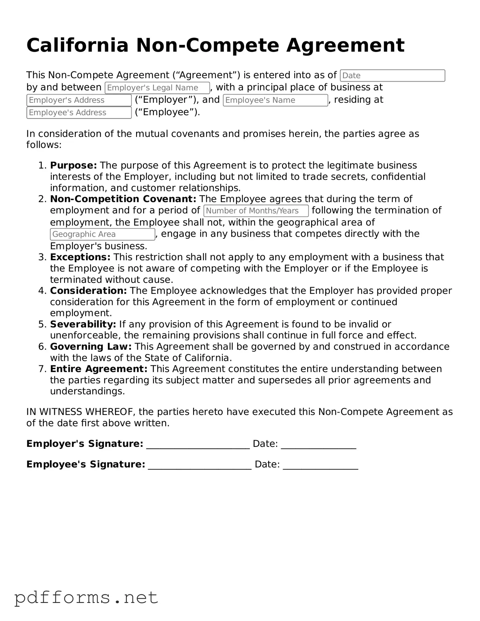 Free  Non-compete Agreement Document for California