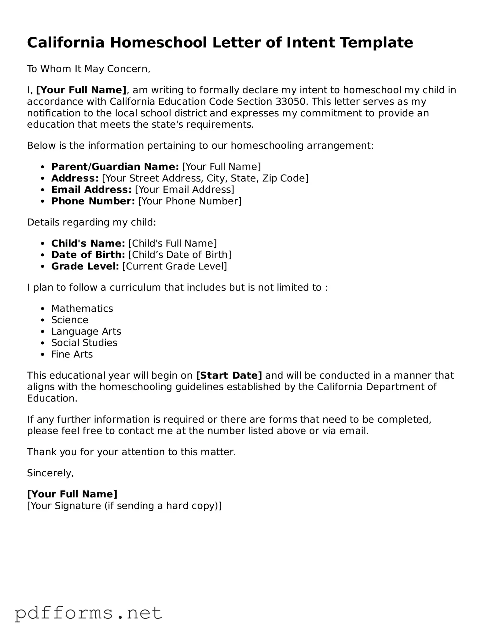 Free  Homeschool Letter of Intent Document for California