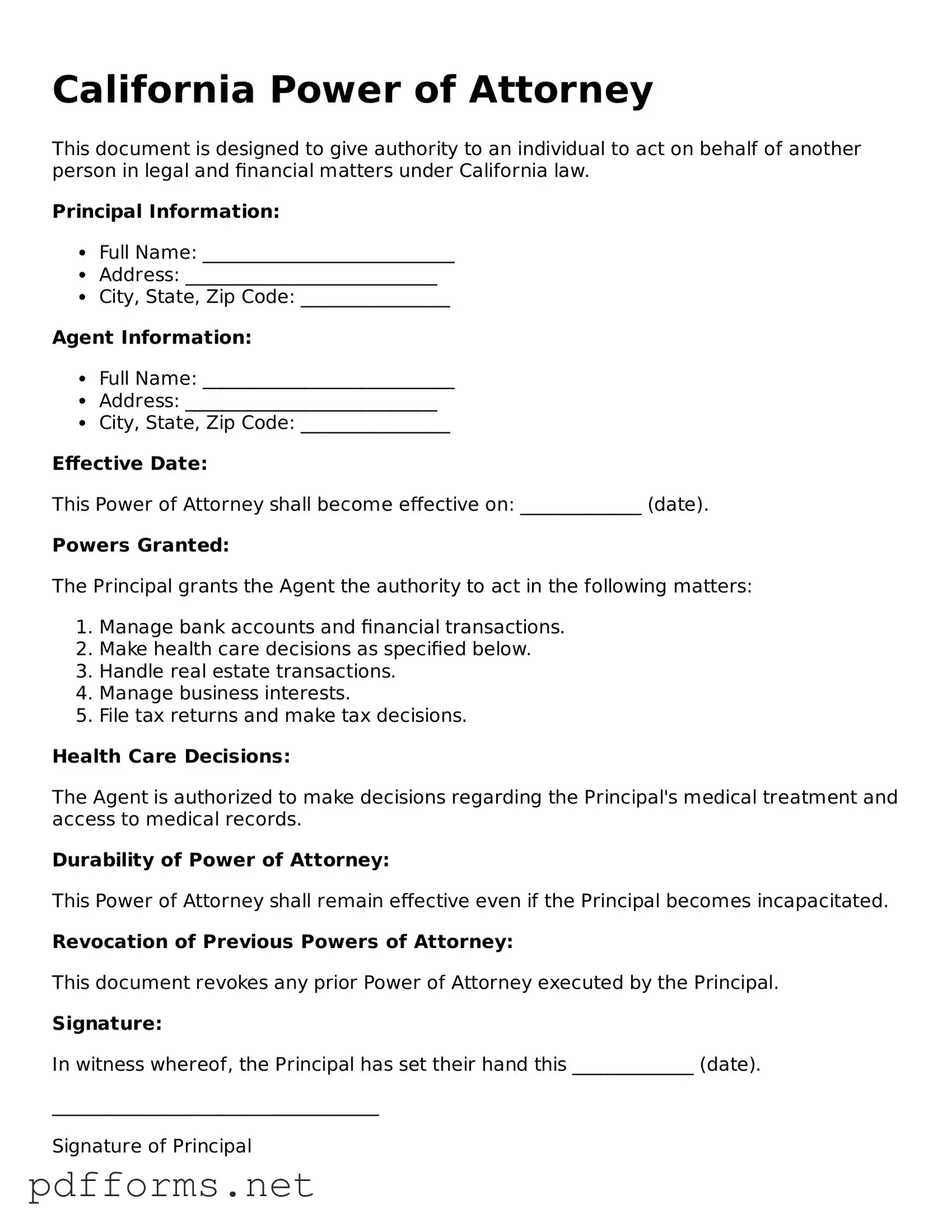Free  Power of Attorney Document for California