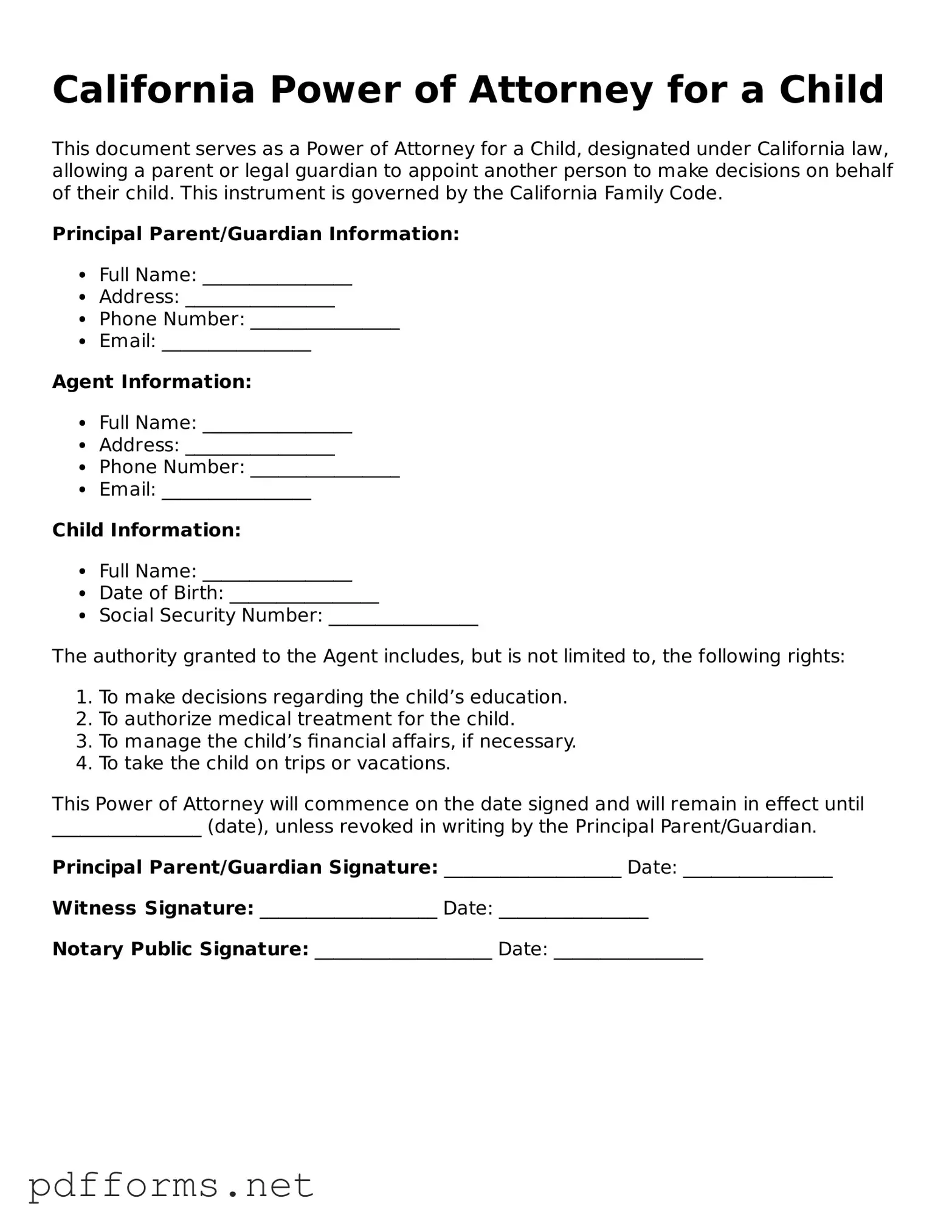 Free  Power of Attorney for a Child Document for California