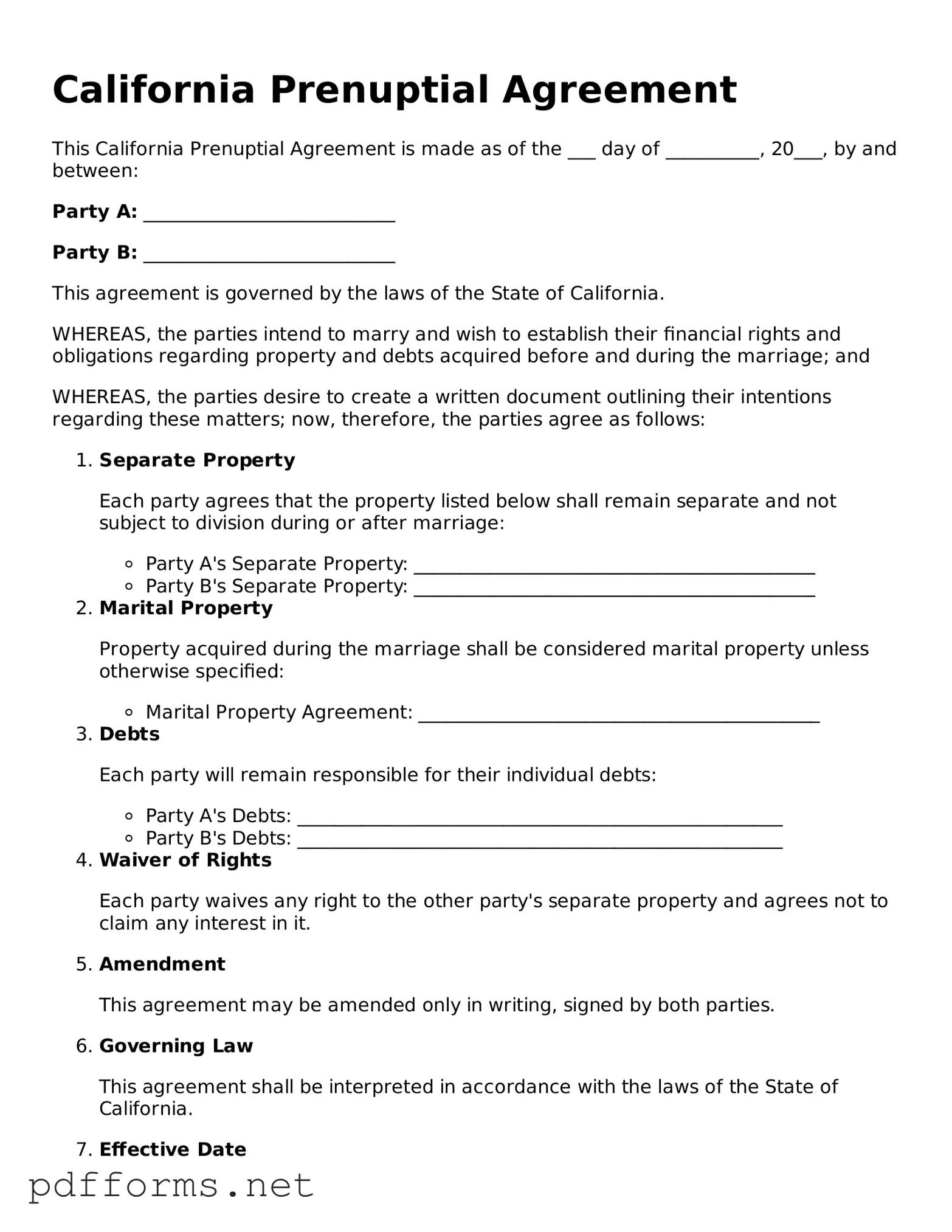Free  Prenuptial Agreement Document for California