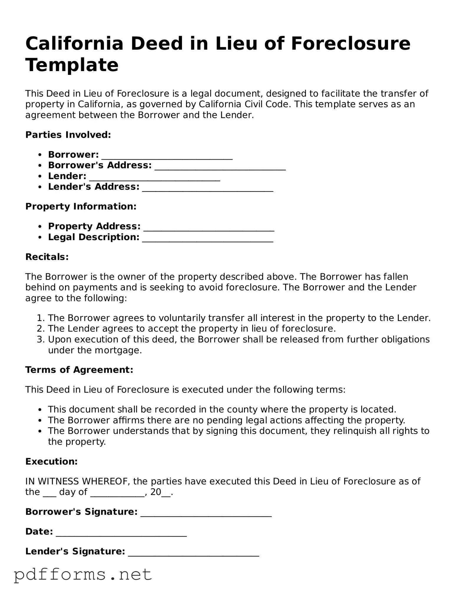Free  Deed in Lieu of Foreclosure Document for California
