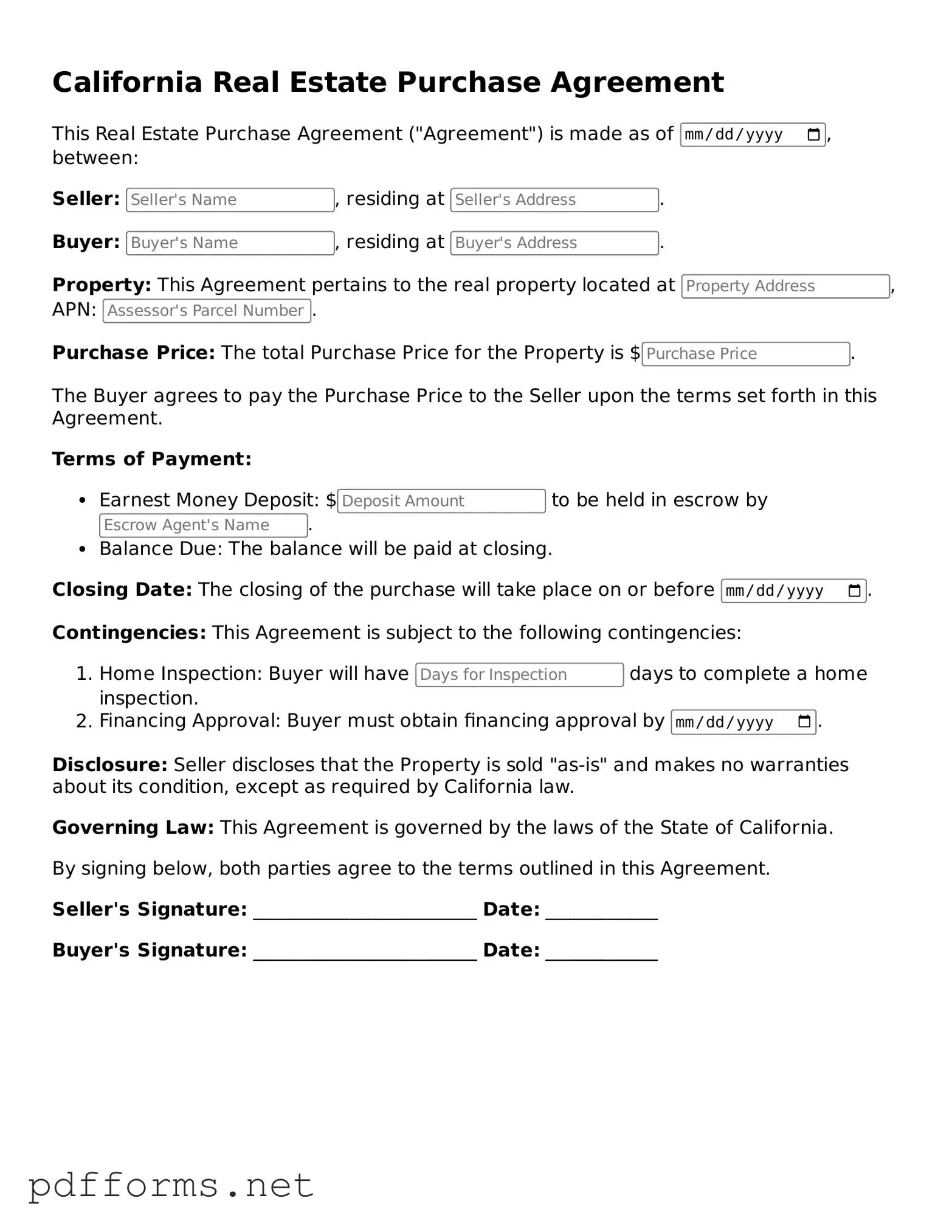 Free  Real Estate Purchase Agreement Document for California