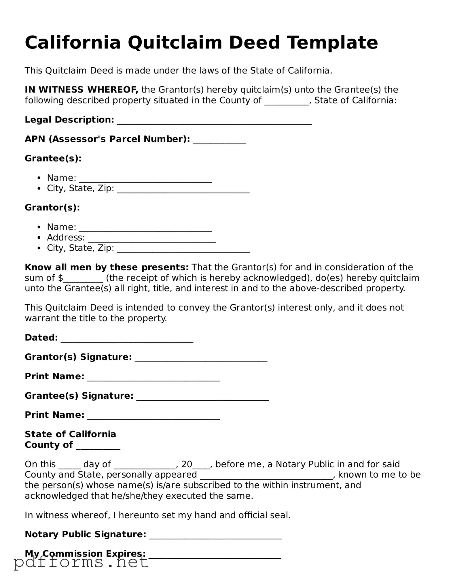 Free  Quitclaim Deed Document for California