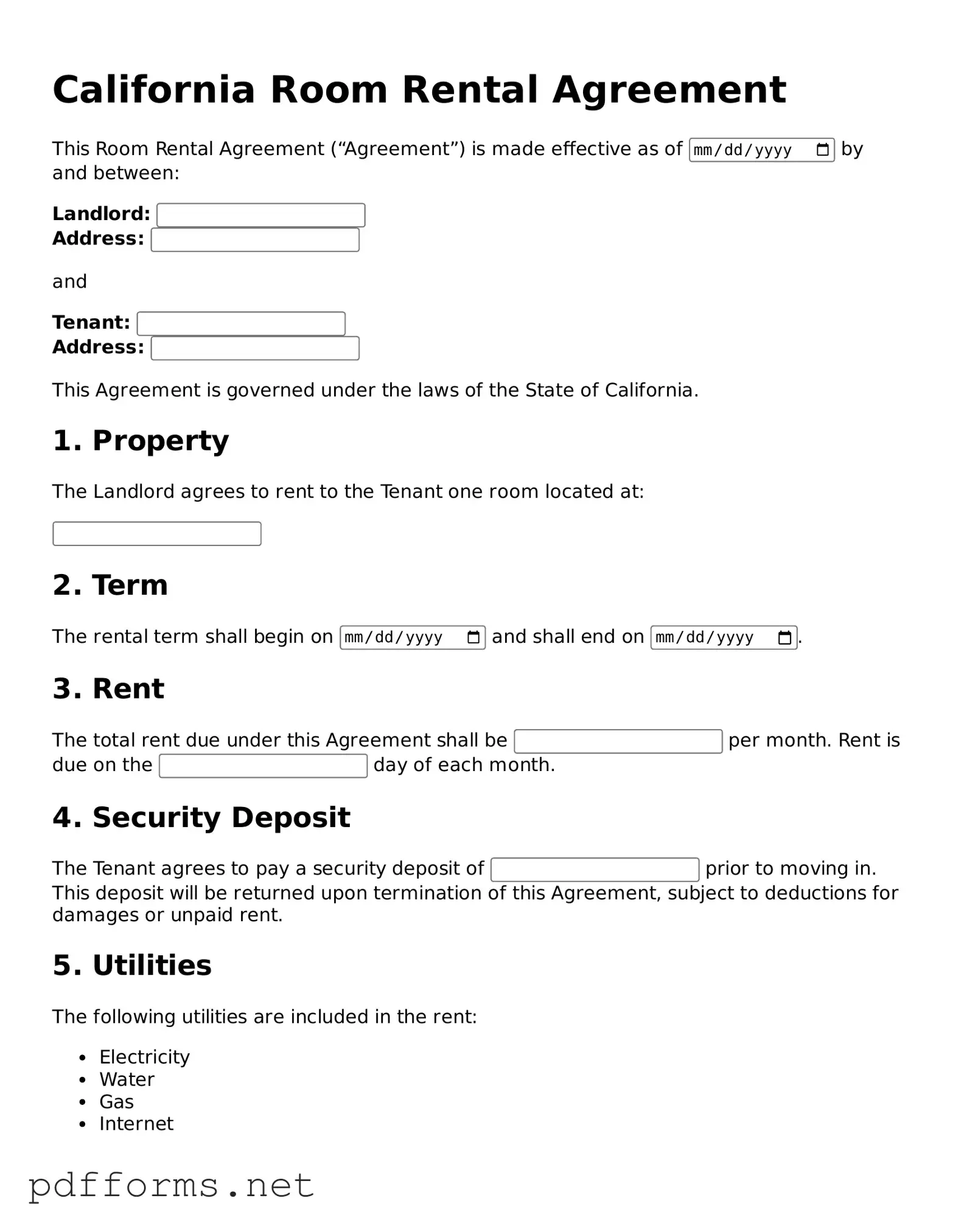 Free  Room Rental Agreement Document for California
