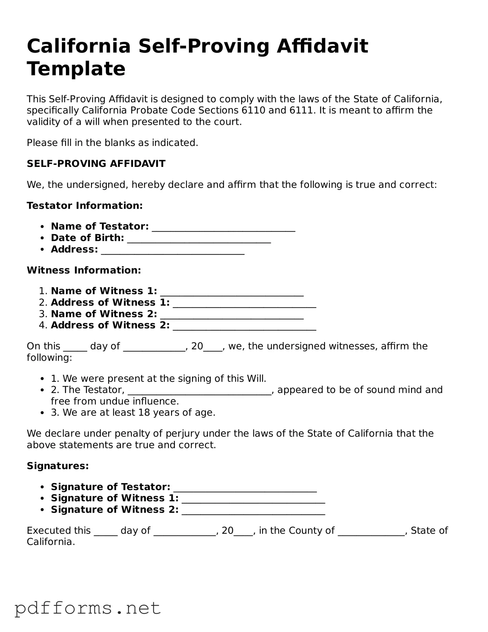Free  Self-Proving Affidavit Document for California