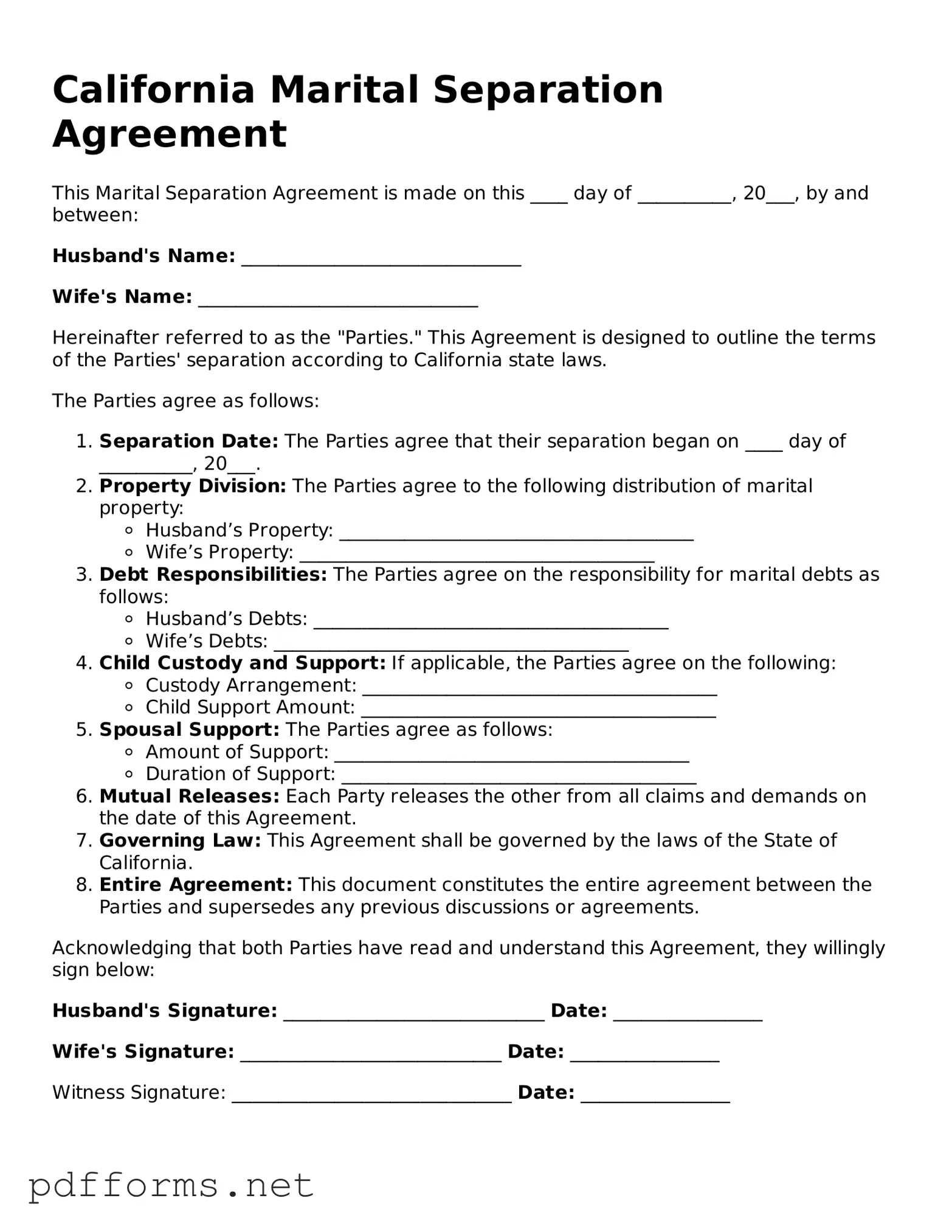 Free  Marital Separation Agreement Document for California