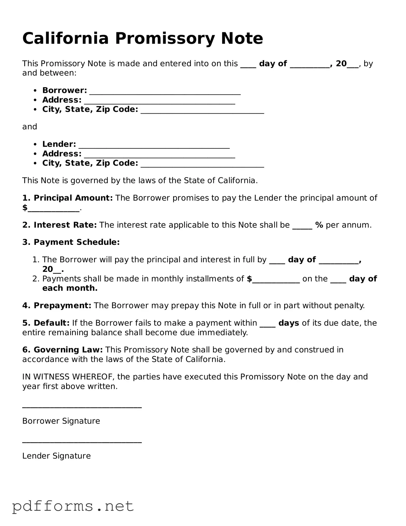 Free  Promissory Note Document for California