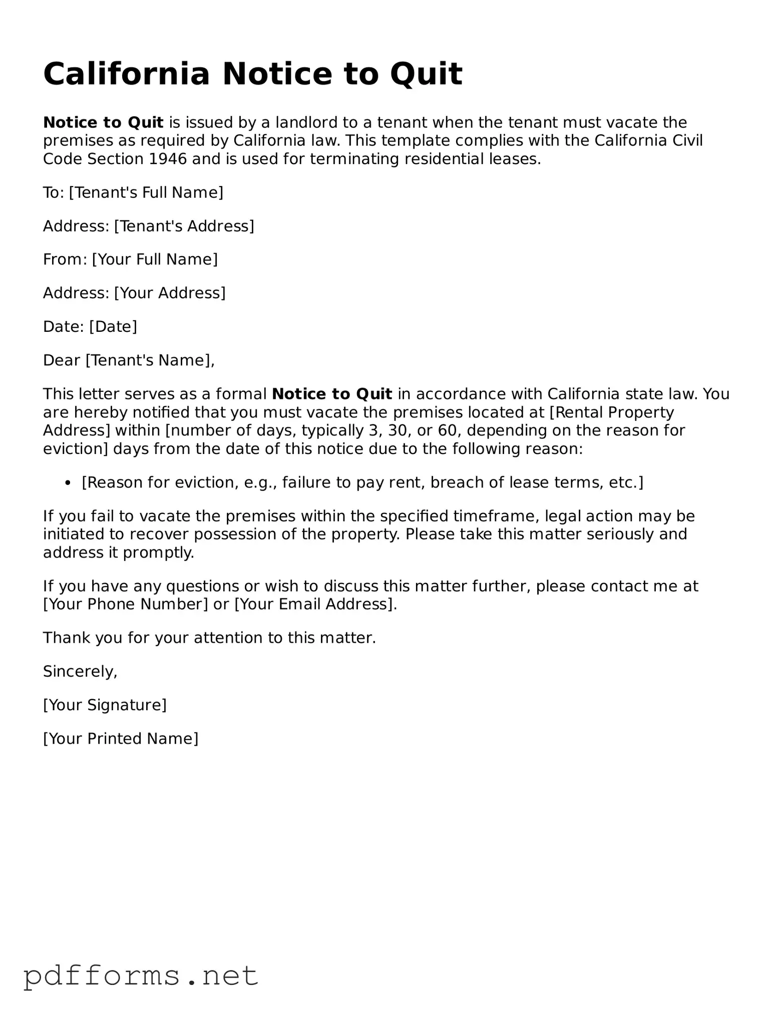 Free  Notice to Quit Document for California