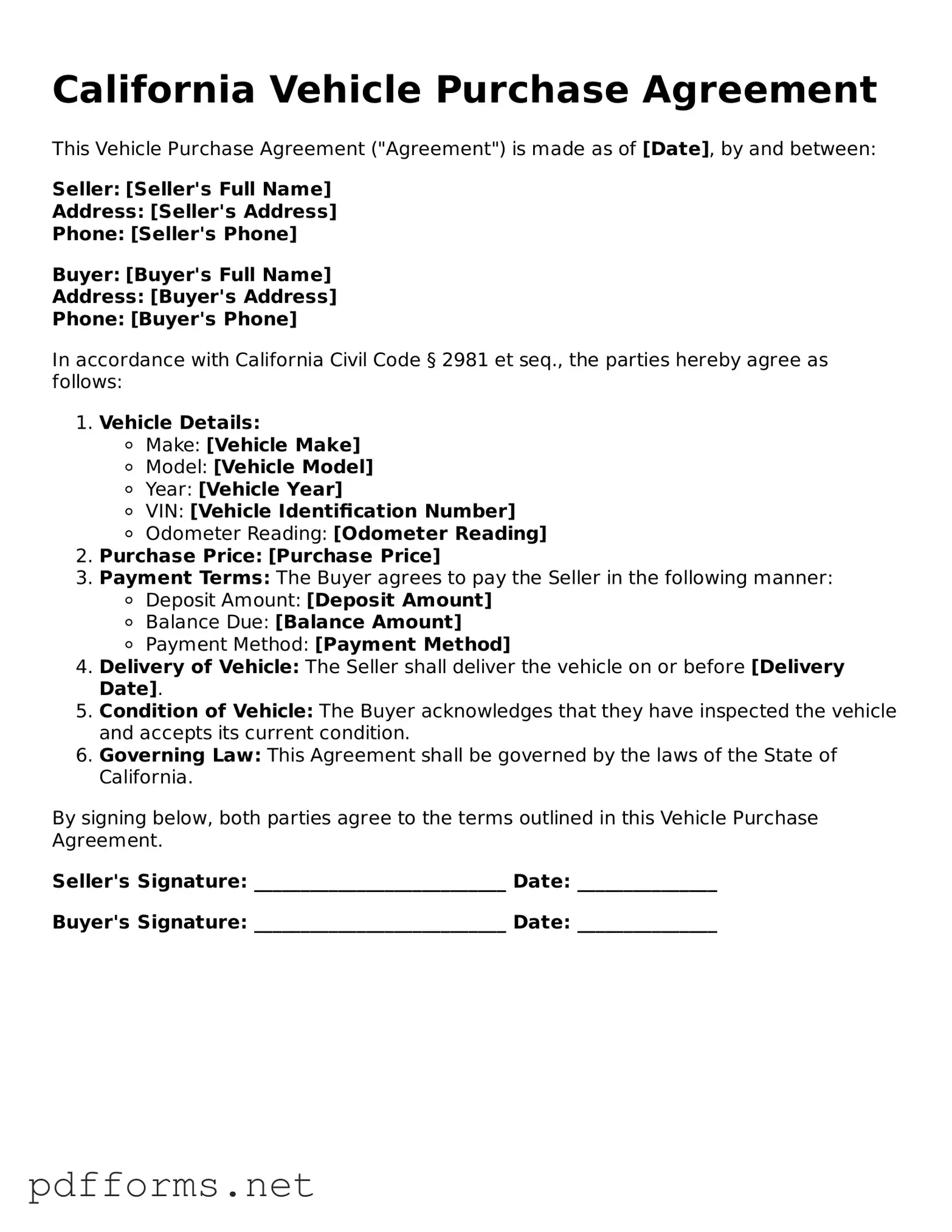 Free  Vehicle Purchase Agreement Document for California