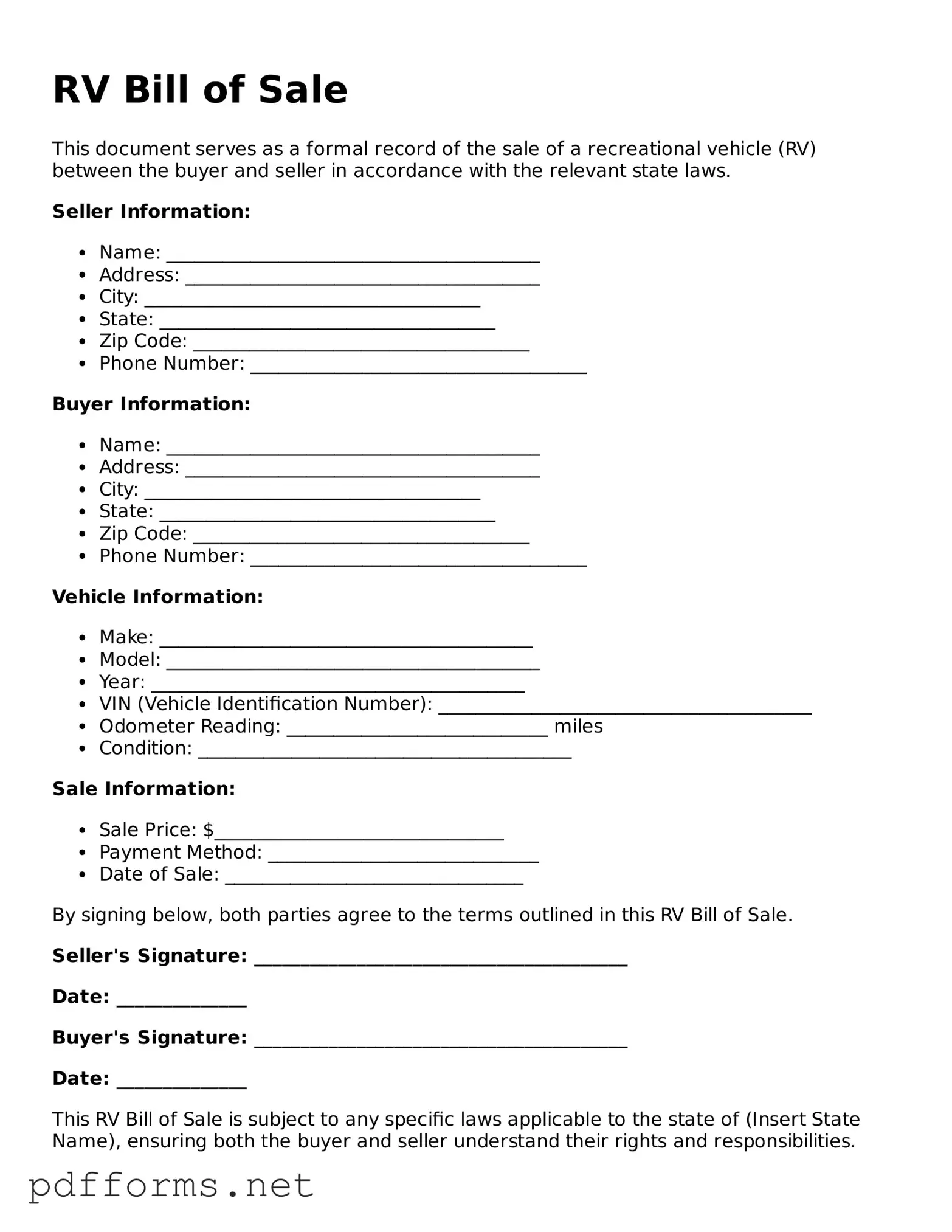 Official RV Bill of Sale Template