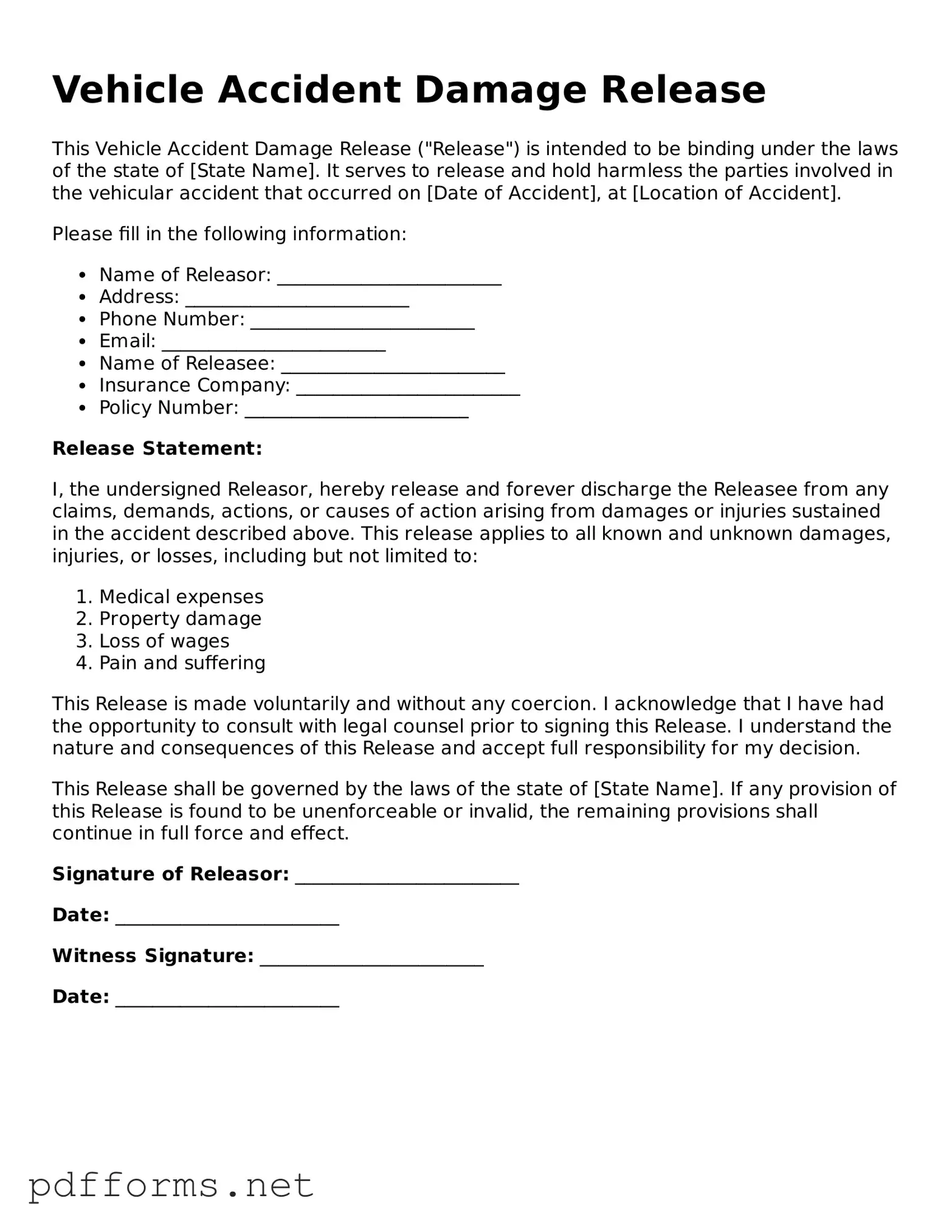 Official Vehicle Accident Damage Release Template